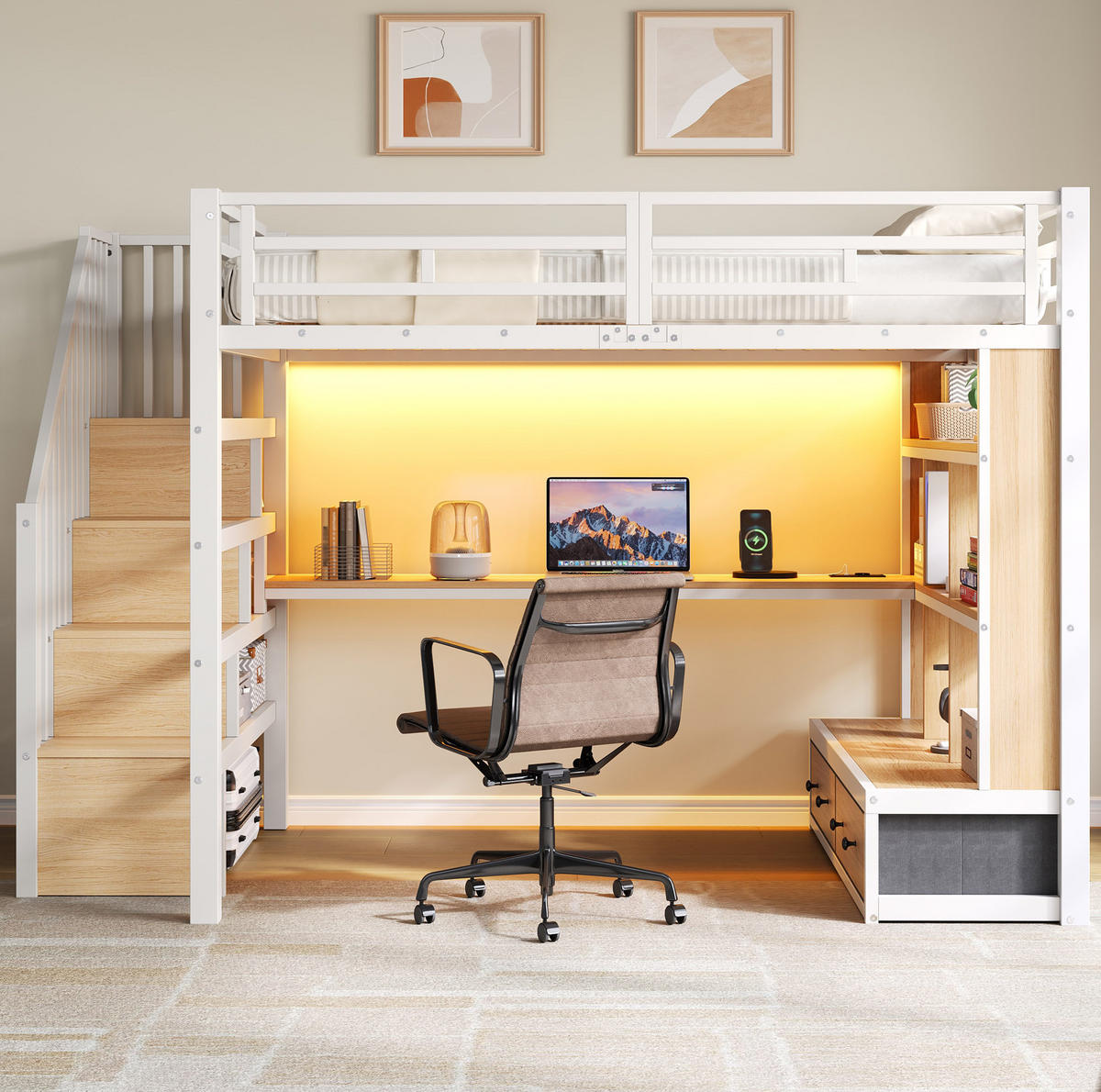 HOCHBETT 140x200 cm in Weiß mit Schreibtisch, Regalen, LED-Beleuchtung und Stauraumtreppe - Weiß, Holzwerkstoff (140/200cm) - IVMEU