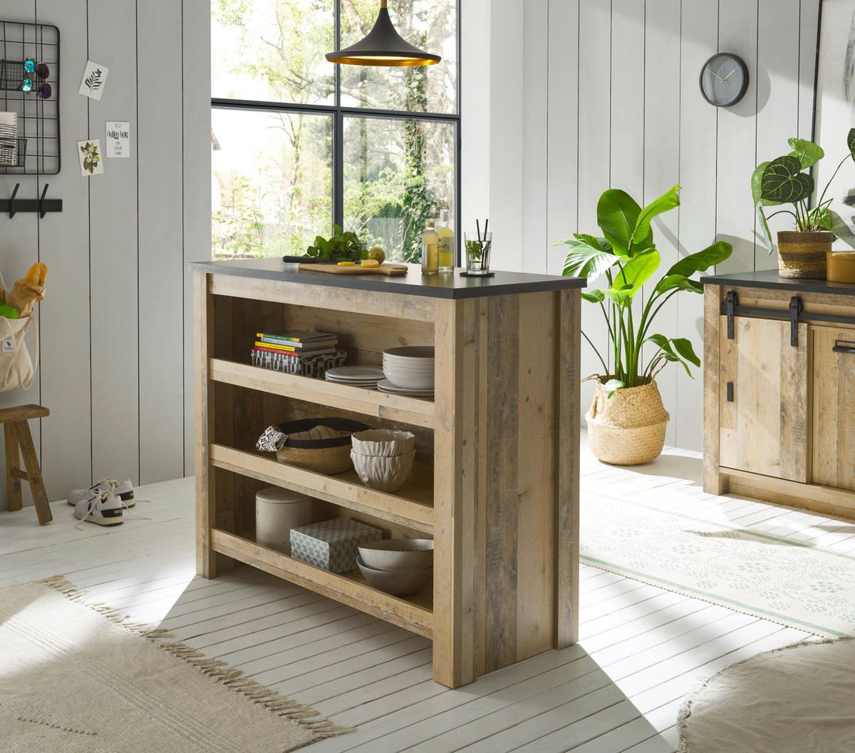 KÜCHENTHEKE Used Wood hell, anthrazit 130 cm, Kücheninsel freistehend - Eichefarben/Anthrazit, Holzwerkstoff/Metall (130/106/44cm) - Furn.Design