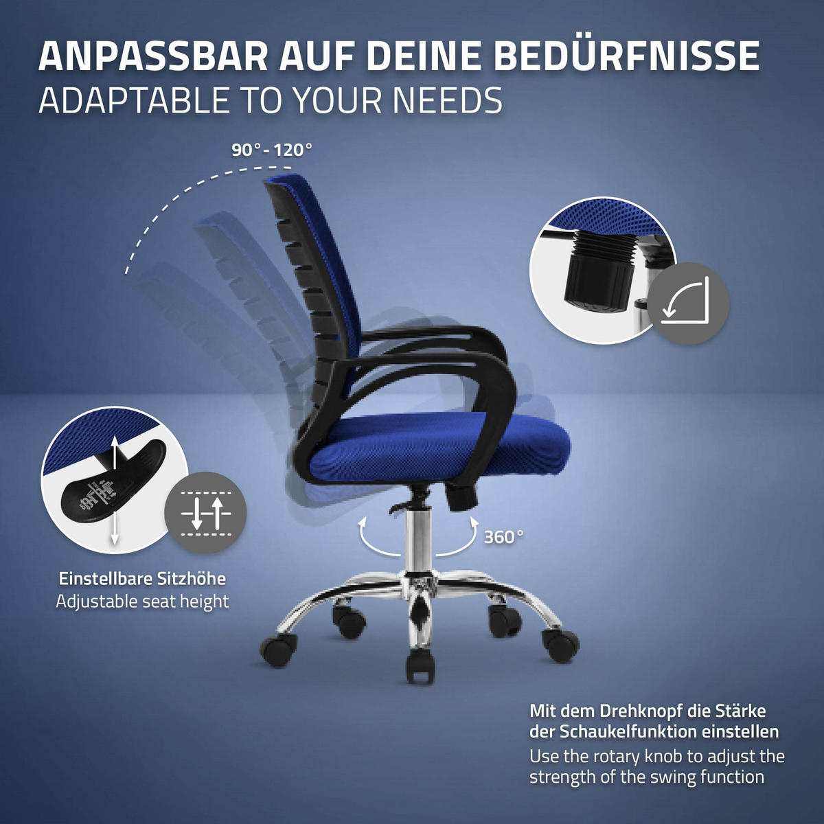 SCHREIBTISCHSTUHL Classic blau - Blau, Metall (54/99/59cm) - ML-DESIGN