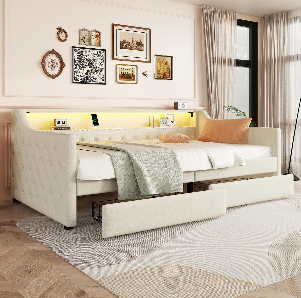 POLSTERBETT 90/200 cm Beige aus Leinen und MDF mit LED-Beleuchtung und 2 Schubladen - Beige, Textil (90/200cm) - OKMYHOME