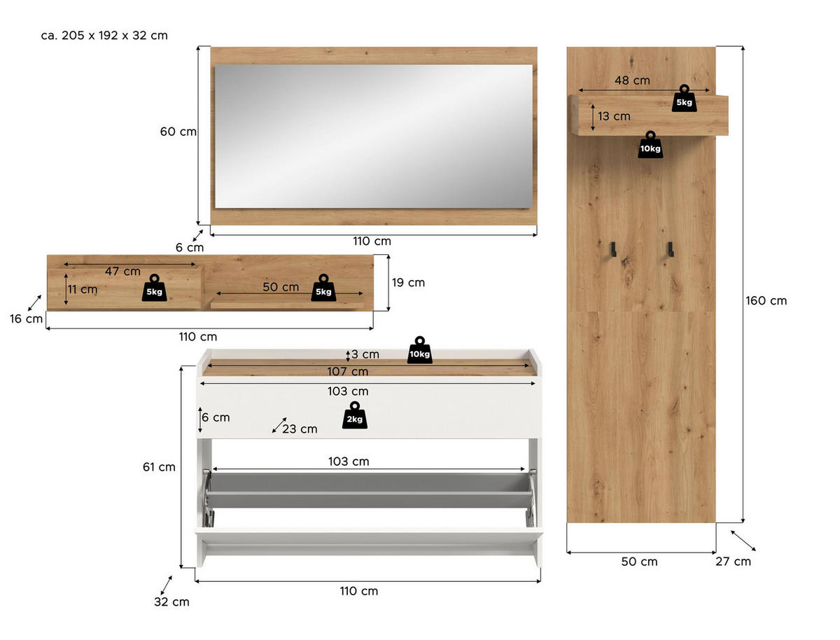 GARDEROBE Flow (B/H/T: ca. 205/192/32 cm) 4 tlg. in Weiß/Weiß - Weiß, Holzwerkstoff (205/192/32cm) - Homes & Jones