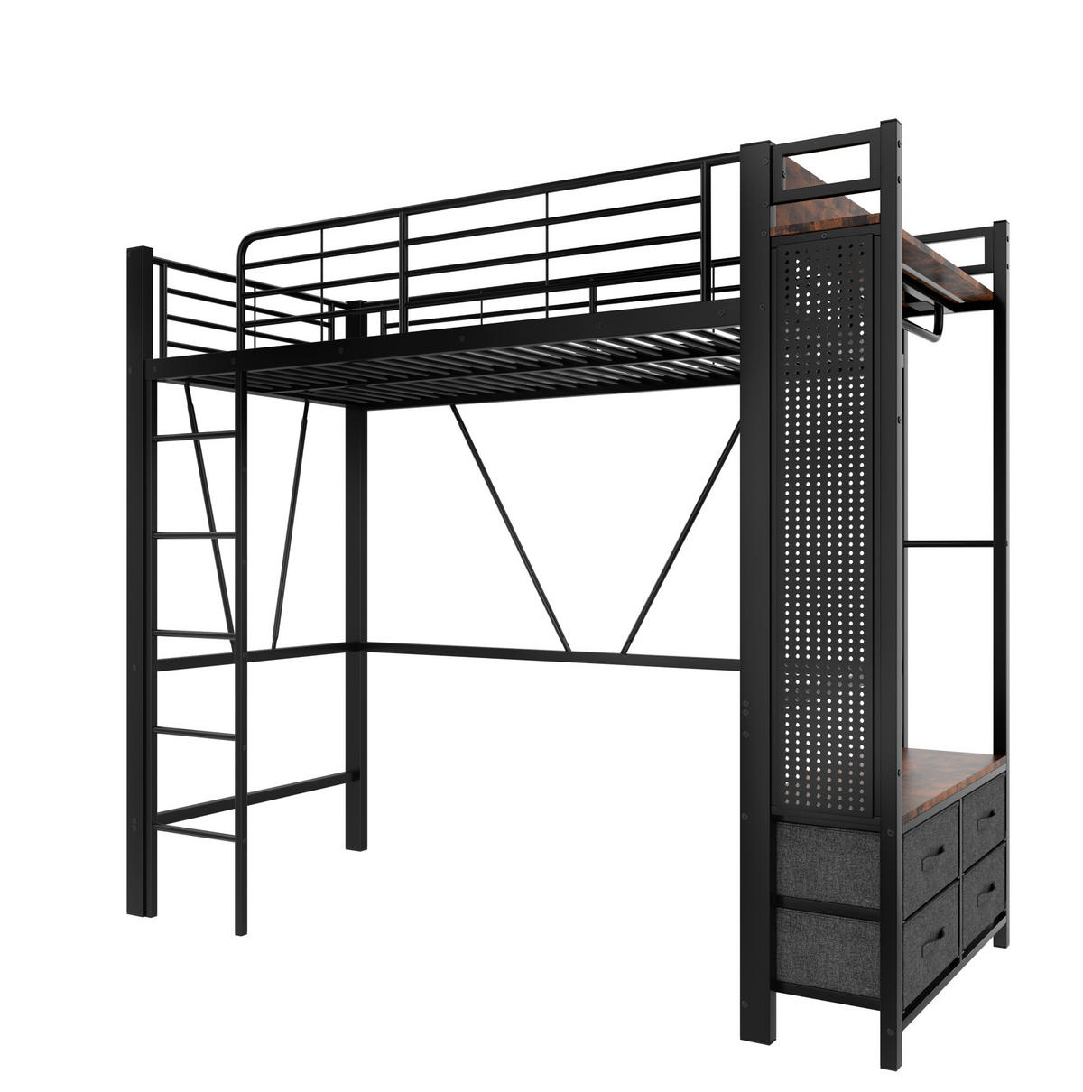 HOCHBETT 90/200 cm mit LED, USB-Type-C, 4 Schubladen, Lochbrett und Kleiderstange, Metall/MDF, Schwarz - Schwarz, Metall (90/200cm) - Redom