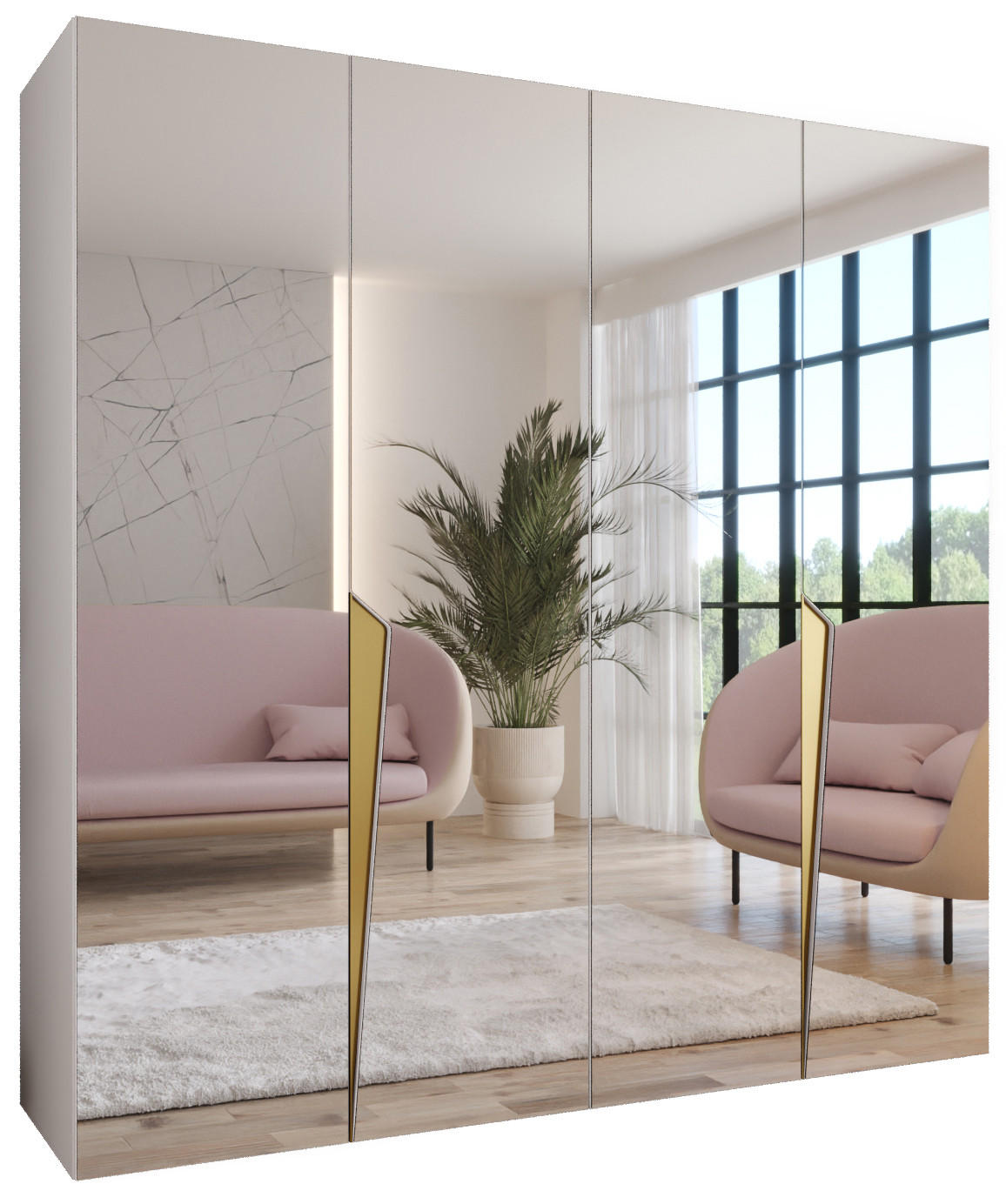 Abiks Möbel Drehtürenschrank Weiß, Gold 200x202x52 cm