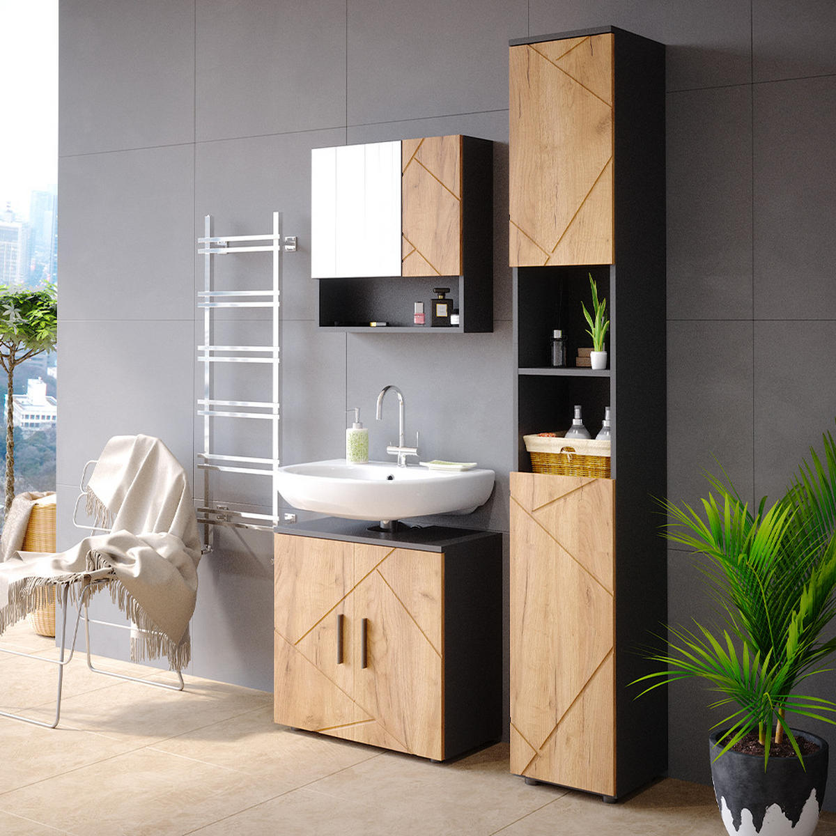 SADA NÁBYTKU DO KOUPELNY Irma Zlatý dub power/antracit - medově dubová/antracitová, kompozitní dřevo (80/58.6/41cm) - Vicco