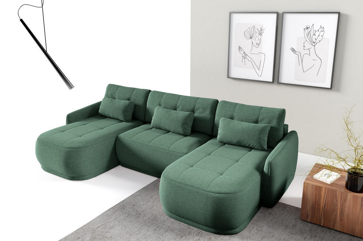 ECKSOFA Krabi Dunkelgrün, U-Form mit Schlaffunktion - Dunkelgrün, Textil (332/93/167cm) - Bettso