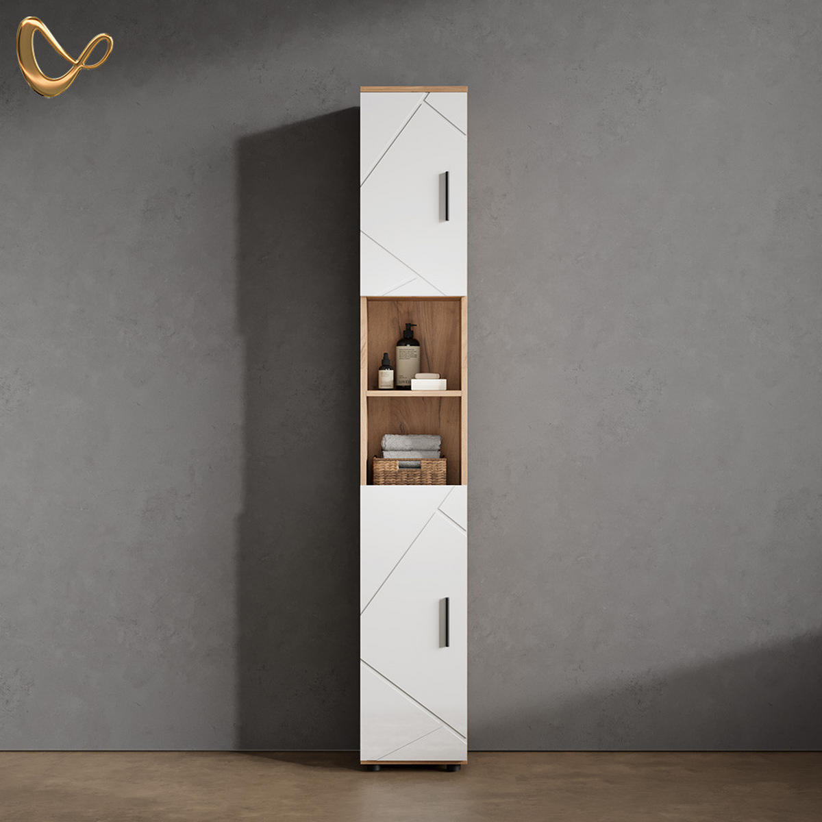 BADSCHRANK Ronco Weiß Hochglanz/Goldkraft Eiche 30 x 192 cm mit Türen, und offenen Fächern - Weiß Hochglanz/Eiche Wotan, Holzwerkstoff (30/192/30cm) - Livinity®