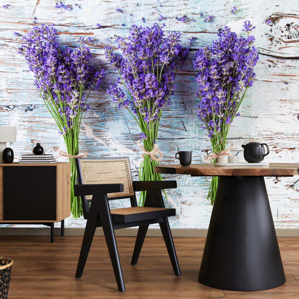 FOTOTAPETE für Küche Lavendelblüten Lila Holz Rustikal 250x175 - Violett/Weiß, Papier (250/175cm) - Muralo