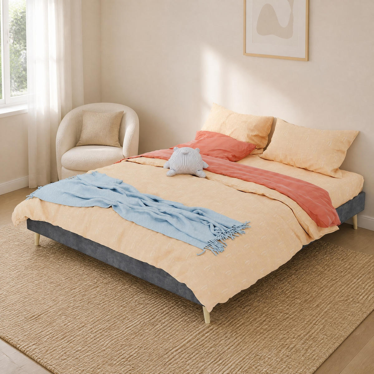 POLSTERBETT 160/200 mit Hollandveloursstoff und niedriger Bettkasten,in Grau - Grau, Holzwerkstoff/Textil (160/200cm) - EVRYAE