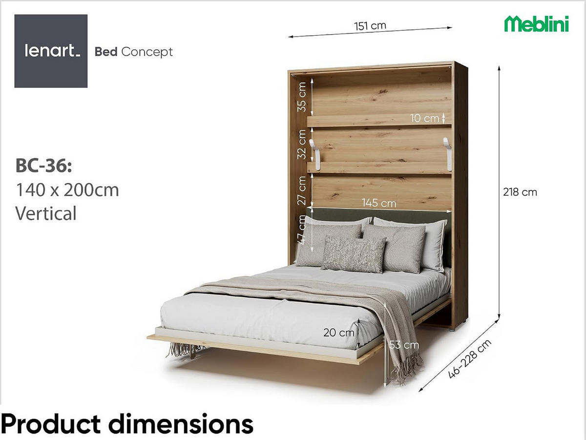 SCHRANKBETT BED CONCEPT BC-36 - Eiche Artisan/Grün, Holzwerkstoff (140/200cm)
