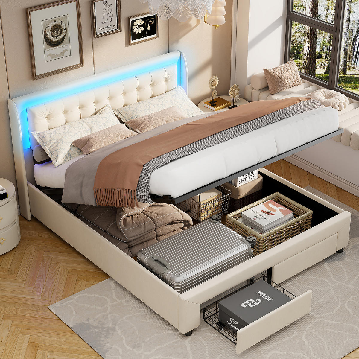 STAURAUMBETT 160x200 cm, Ambiente-LED-Beleuchtung, Stauraum unterm Bett und 2 Schubladen am Bettfuß, Samtstoff, Beige - Beige, Holz/Textil (160/200cm) - BRILVERDE