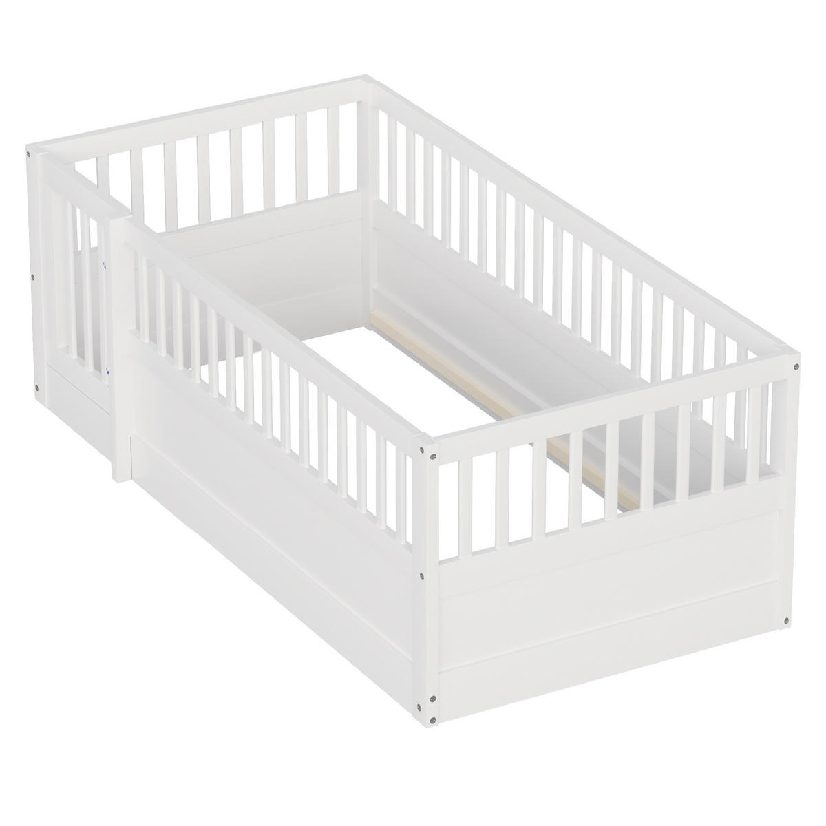 KINDEREINZELBETTEN aus Massivholz 90 x 200 cm in Weiß mit Zaun und Tür - Weiß, Holz (90/200cm) - Modfu