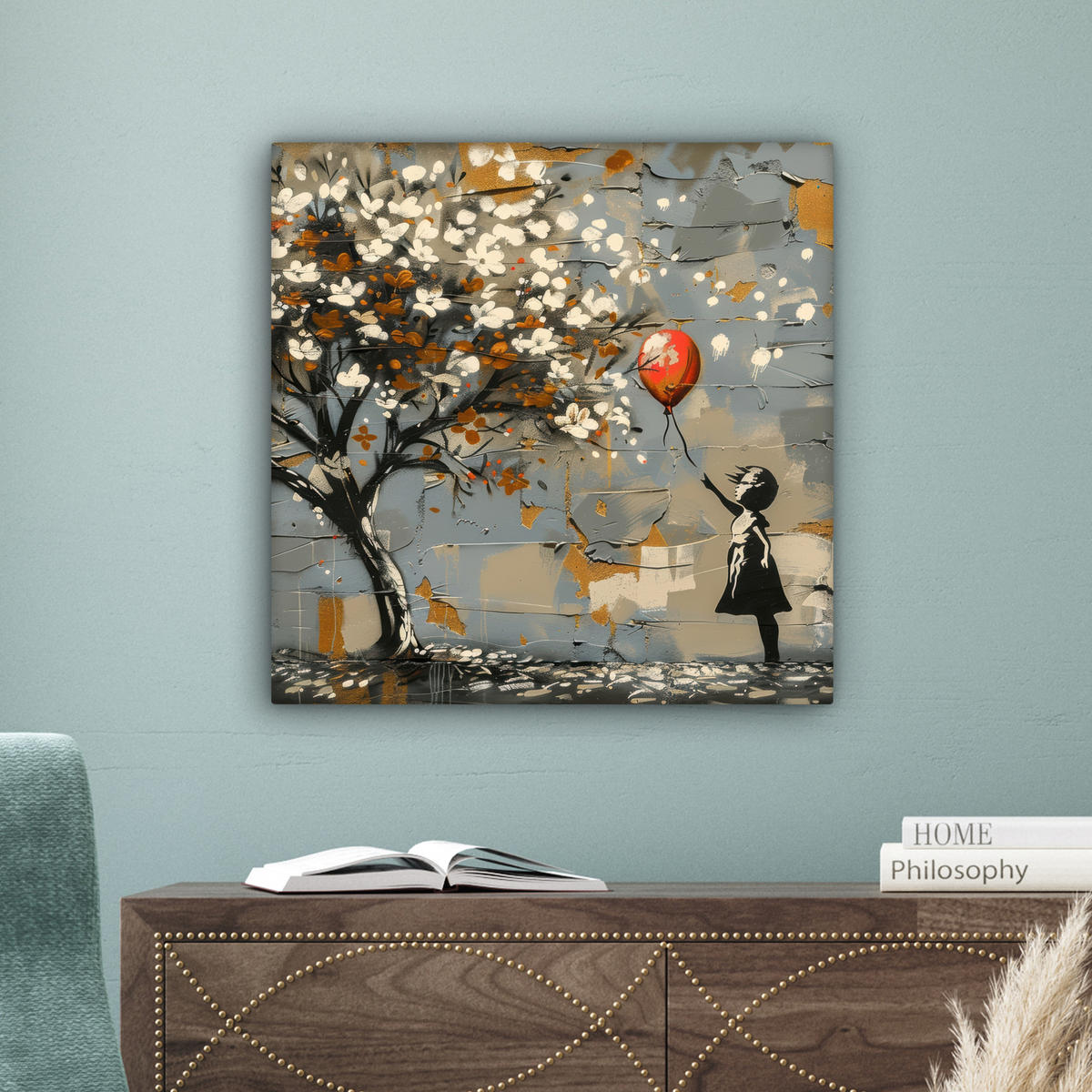 OBRAZ NA PLÁTNĚ Strom - Graffiti - Banksy styl - Dívka s balónkem 50x50 cm - šedohnědá, textil (50/50cm) - MuchoWow