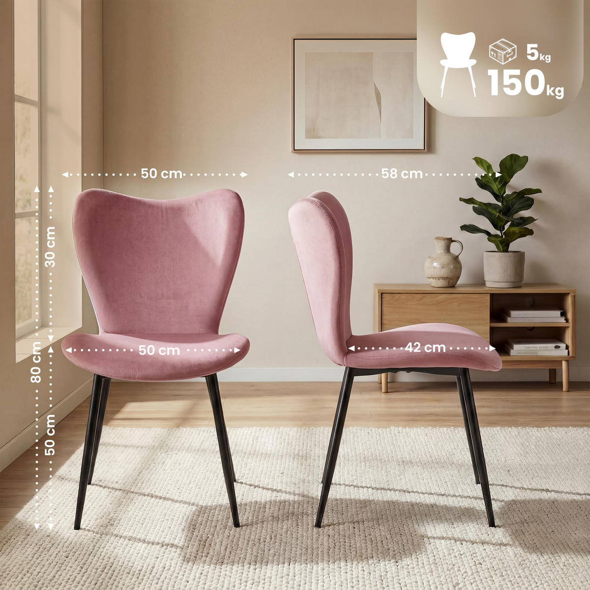 ESSZIMMERSTUHL Samt Rosa - Schwarz/Rosa, Textil/Metall (50/80/58cm) - CLP