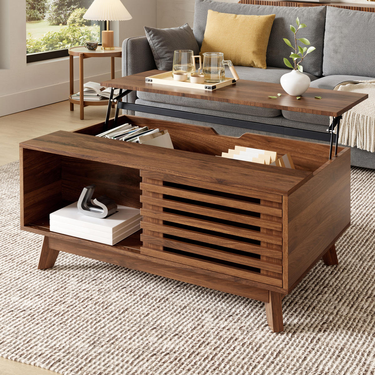 COUCHTISCH 90/55/57,5 cm aus MDF mit höhenverstellbarer Tischplatte und verschiebbarer Jalousietür, Nussbaum - Nussbaumfarben, Holzwerkstoff (90/55/57.5cm) - Redom