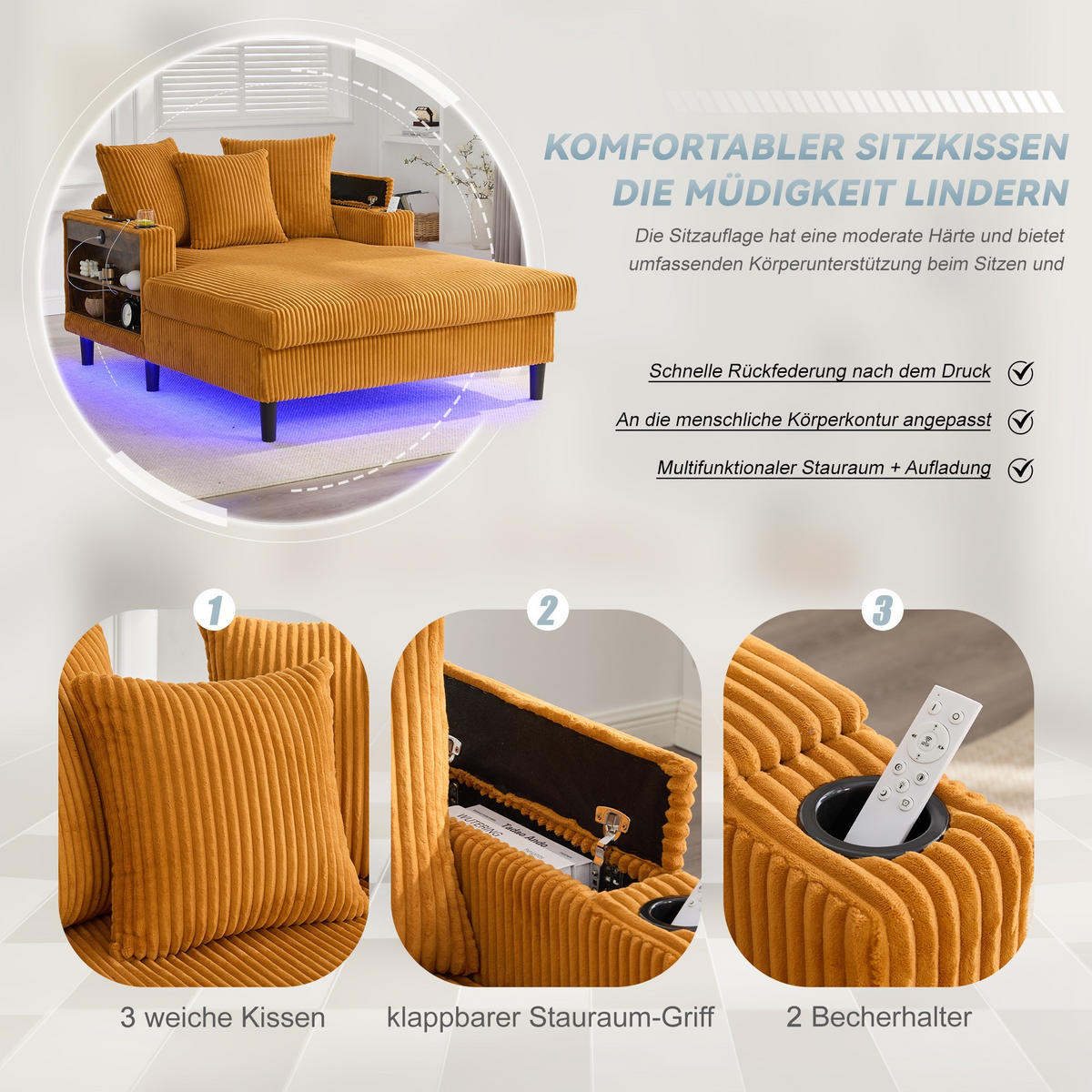 RELAXLIEGE XXL Polsterliege,Relaxsessel,Cord,Gelb - Gelb, Textil (129/70/170cm) - LVHOM