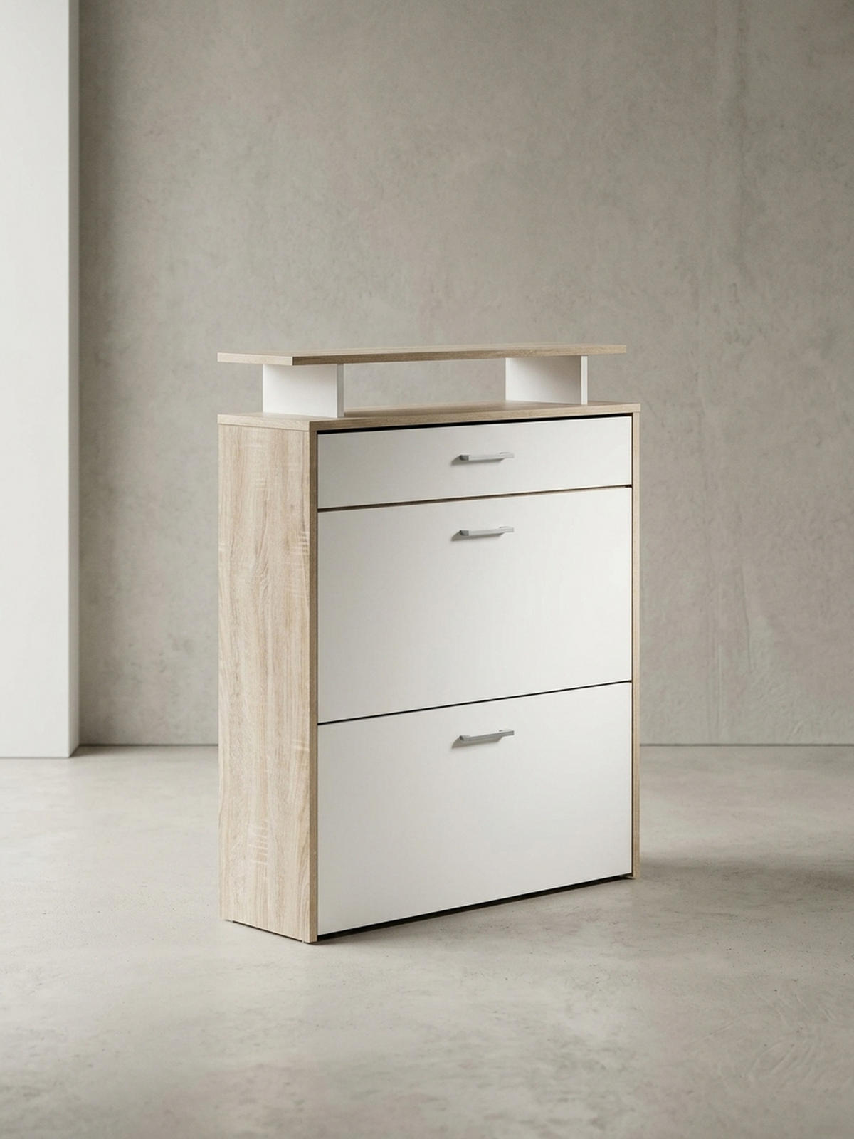 SCHUHKIPPER – Sonoma Eiche, 4 Fächer, großzügige Ablage, MDF-Holz - Beige, Holz (80/95/24cm) - KADIMA DESIGN