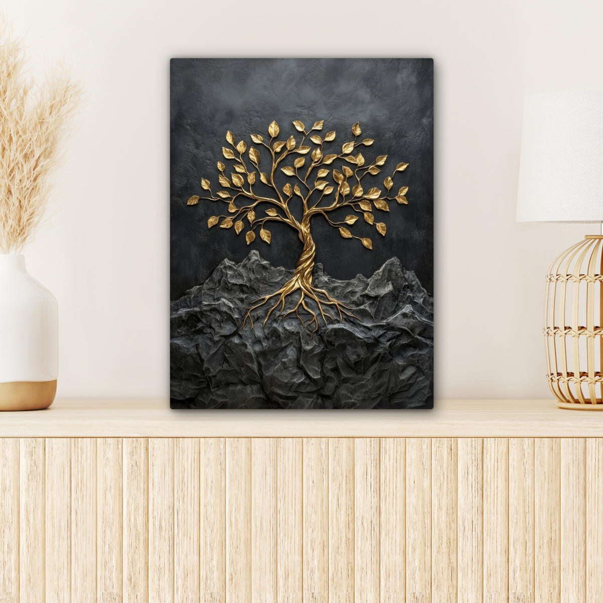 LEINWANDBILD Blätter - Gold - Baum - Fels Room Decor 30x40 cm - Schwarz, Textil (30/40cm) - MuchoWow
