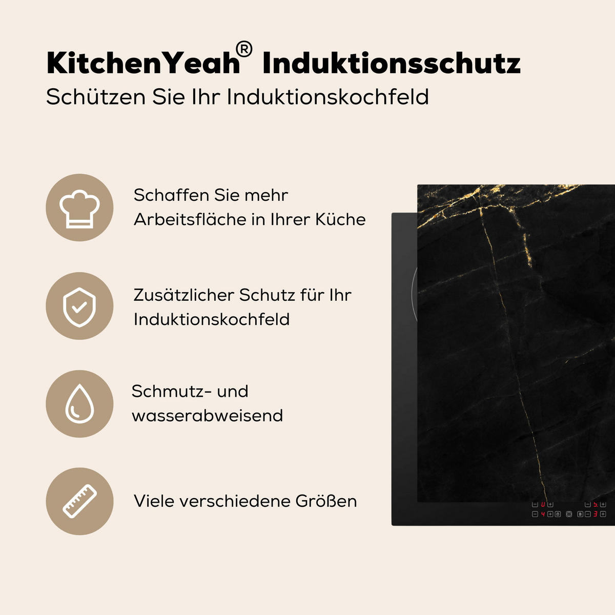 HERDABDECKPLATTE Marmor - Schwarz - Gold - Chic - Marmoroptik - Design Ceranfeldabdeckung 85x52 cm - Schwarz, Kunststoff (85/52/0.2cm) - MuchoWow