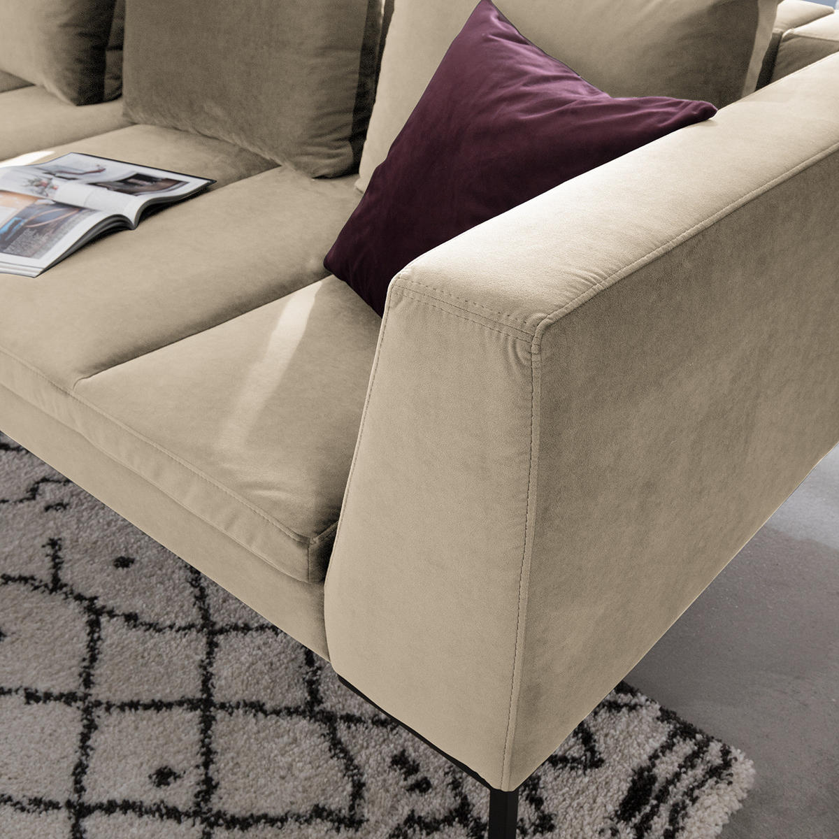 ECKSOFA mit Rundecke XL - Samt - Chromfarben/Beige, Textil/Metall (319/238cm) - home24