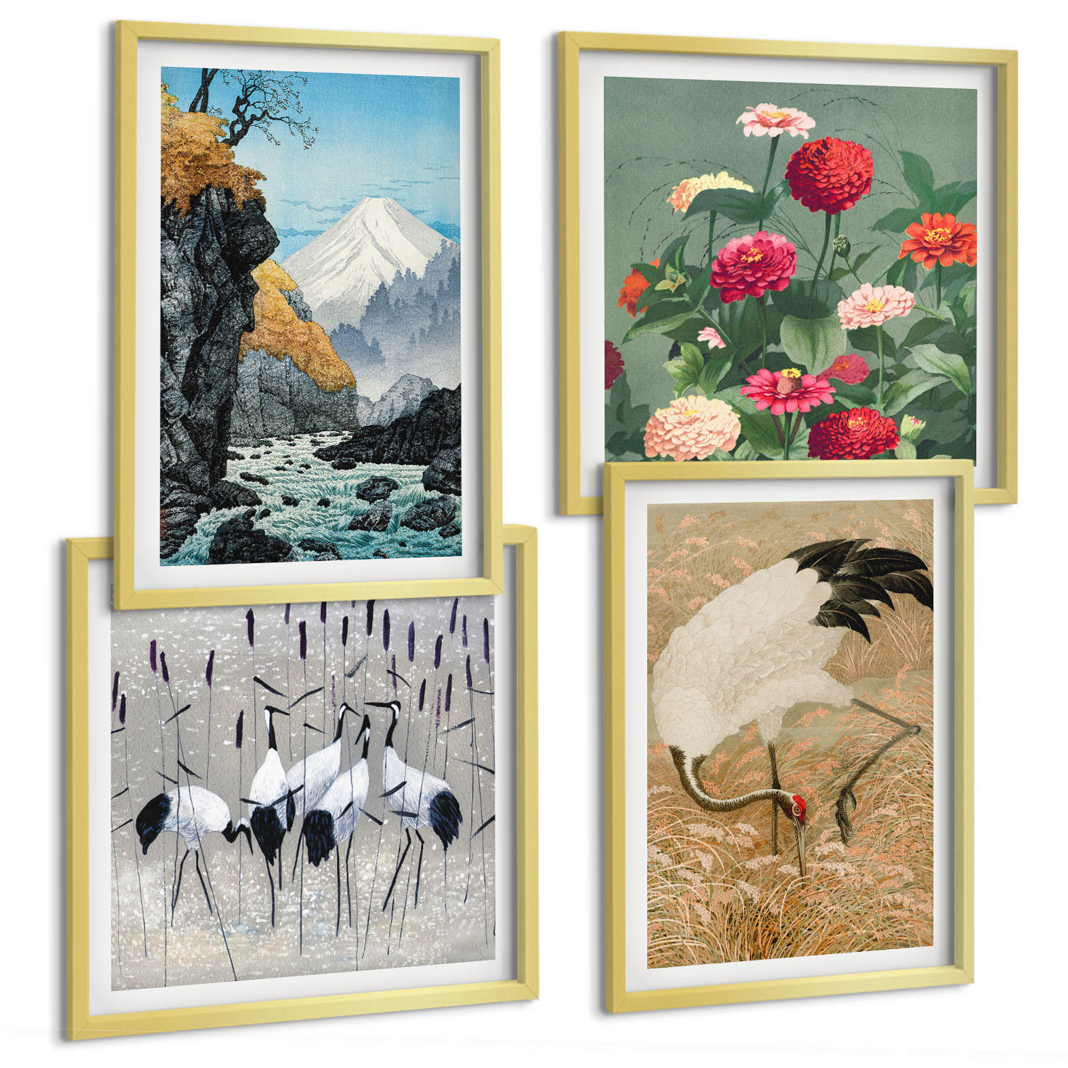 BILDER SET 4er Set - 50x50 cm & 40x60 cm Goldrahmen - Berge, Fluss, Blumen, Kraniche - Goldfarben, Kunststoff (50/50cm) - TULUP