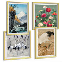 BILDER SET 4er Set - 50x50 cm & 40x60 cm Goldrahmen - Berge, Fluss, Blumen, Kraniche - Goldfarben, Kunststoff (50/50cm) - TULUP