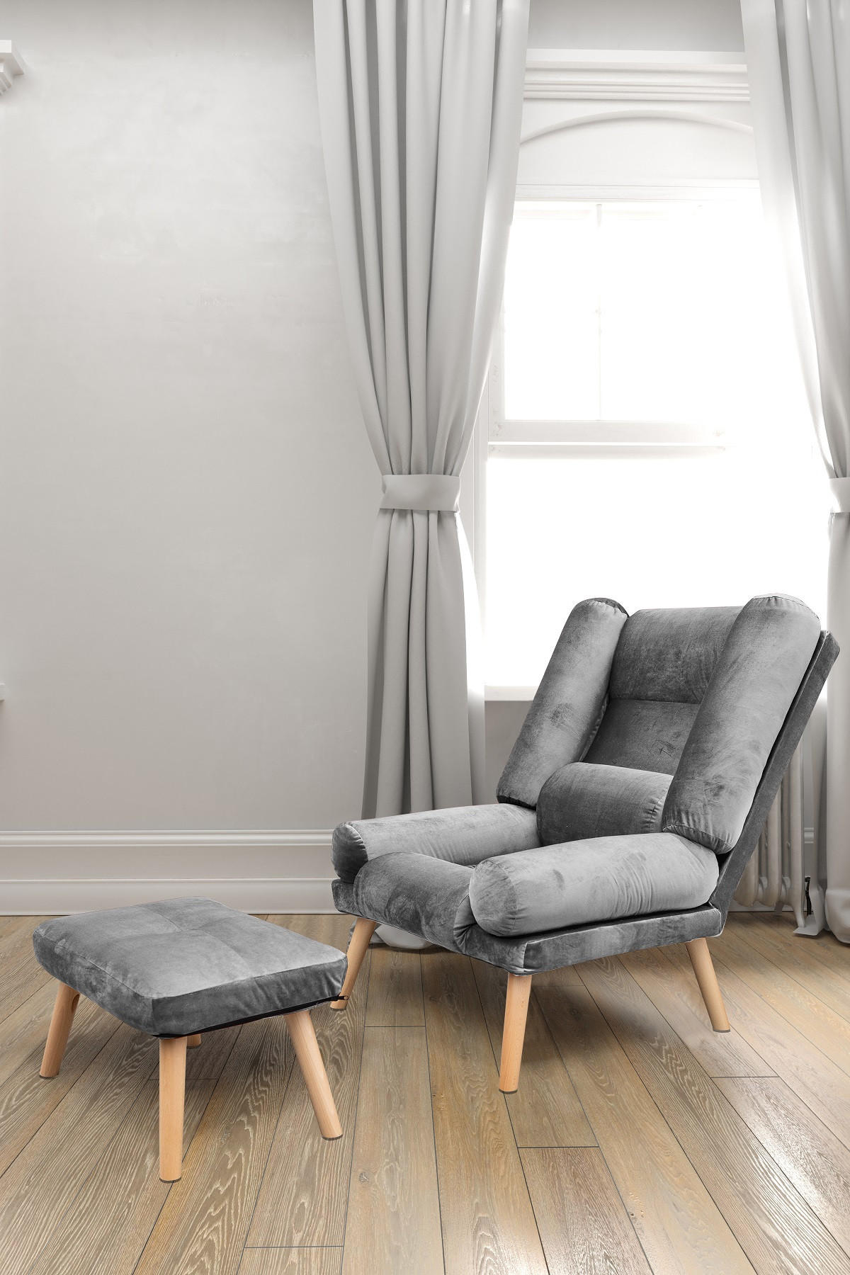 SESSEL Lola mit Fußhocker Rückenlehne 5-stufig einstellbar, grau - Graphitfarben, Holz/Kunststoff (75/100/60cm) - Margaret Hadas24