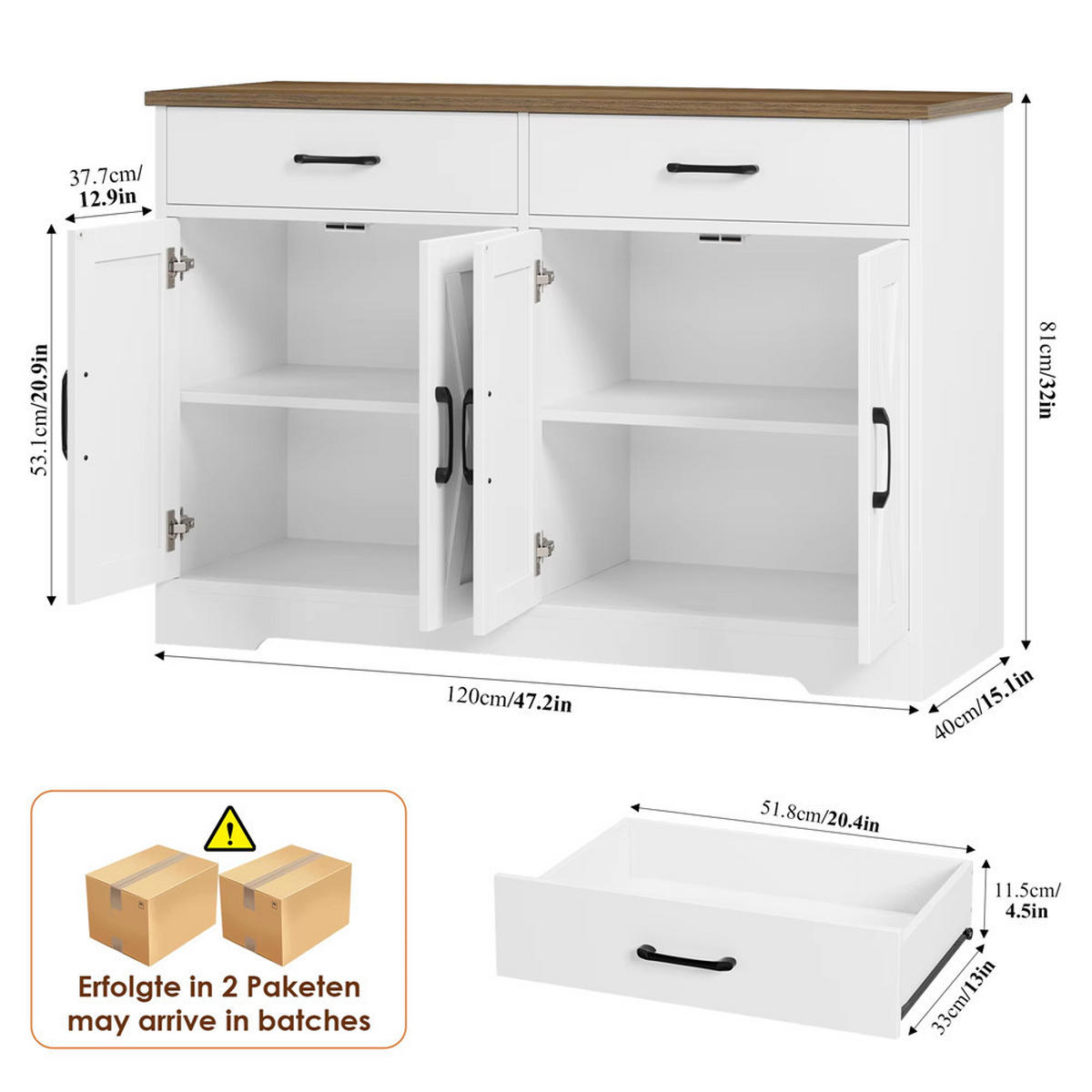 SIDEBOARD 120x81x40 cm Küchenschrank mit 2 Schubladen, weiß - Weiß, Holz (120/81/40cm) - Coonoor