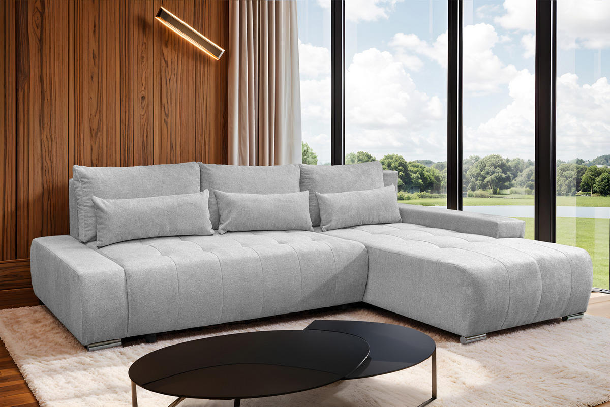 ECKSOFA Bloom mit Bettkasten und Schlaffunktion L-Form - Hellgrau, Textil (267/185cm)