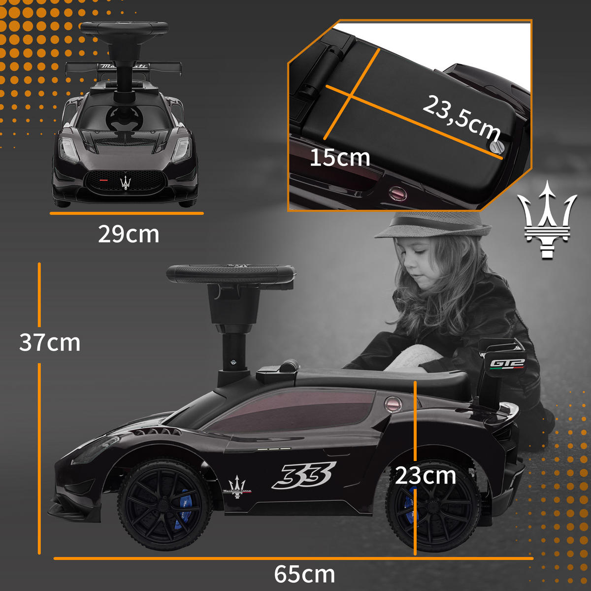 RUTSCHAUTO, Maserati, Hupe & Musik, Flüsterreifen, für 1,5 bis 5 Jahre, bis 25 kg, Schwarz - Schwarz, Kunststoff/Metall (65/29/37cm) - AIYAPLAY