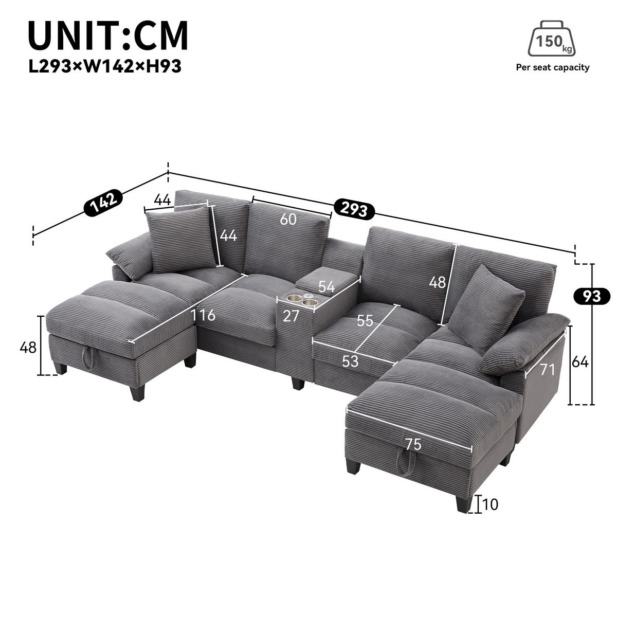 WOHNLANDSCHAFT U-Form Cord mit Stauraum und USB-Anschluss 293/142/93 cm Grau - Grau, Kunststoff/Textil (93/293/142cm) - Redom