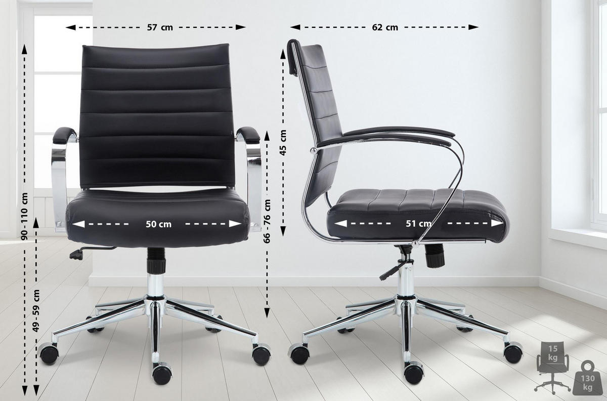 DREHSTUHL Lederlook Schwarz - Chromfarben/Schwarz, Leder/Textil (57/90/62cm) - CLP