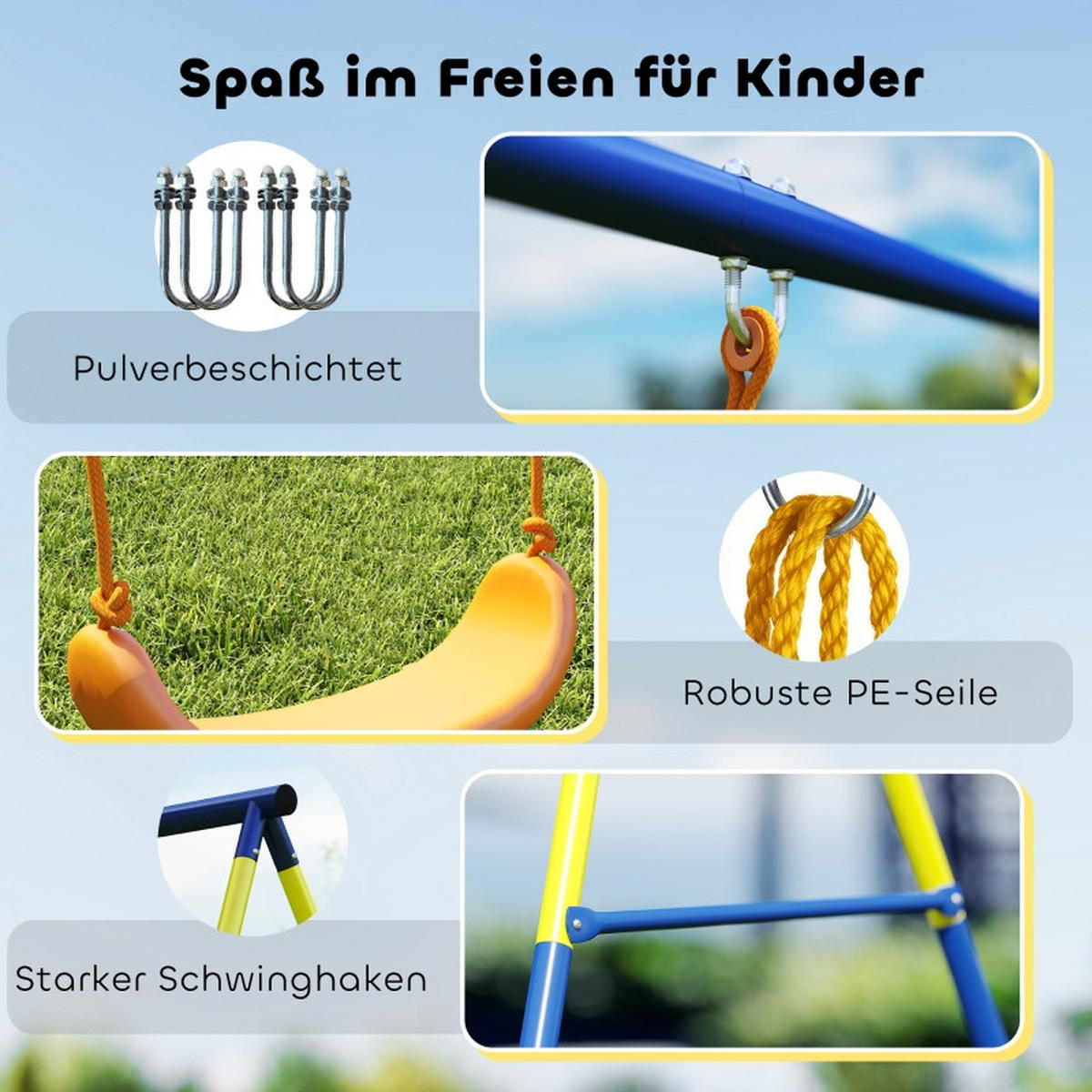 KINDERSCHAUKEL mit klassischer Schaukel 3-in-1, Turnringe, Stehschaukel, 285x160x181cm - Blau, Metall (160/285cm) - Hauptrolle