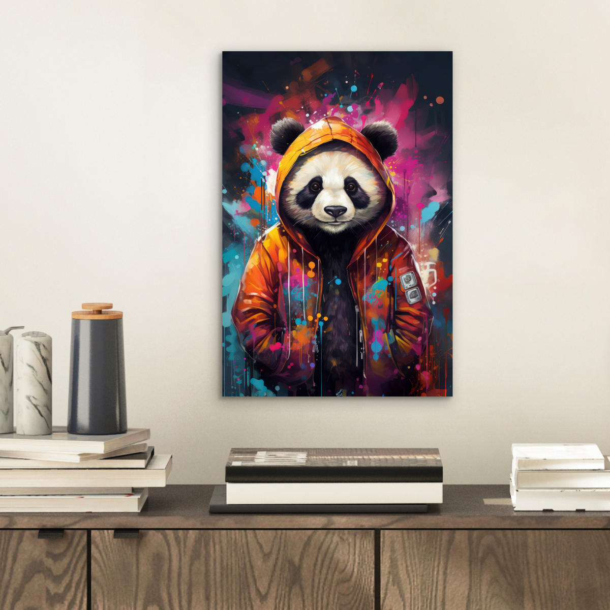 METALLBILD Panda - Jacke - Graffiti - Orange 20x30 cm - Orange, Metall (20/30cm) - MuchoWow