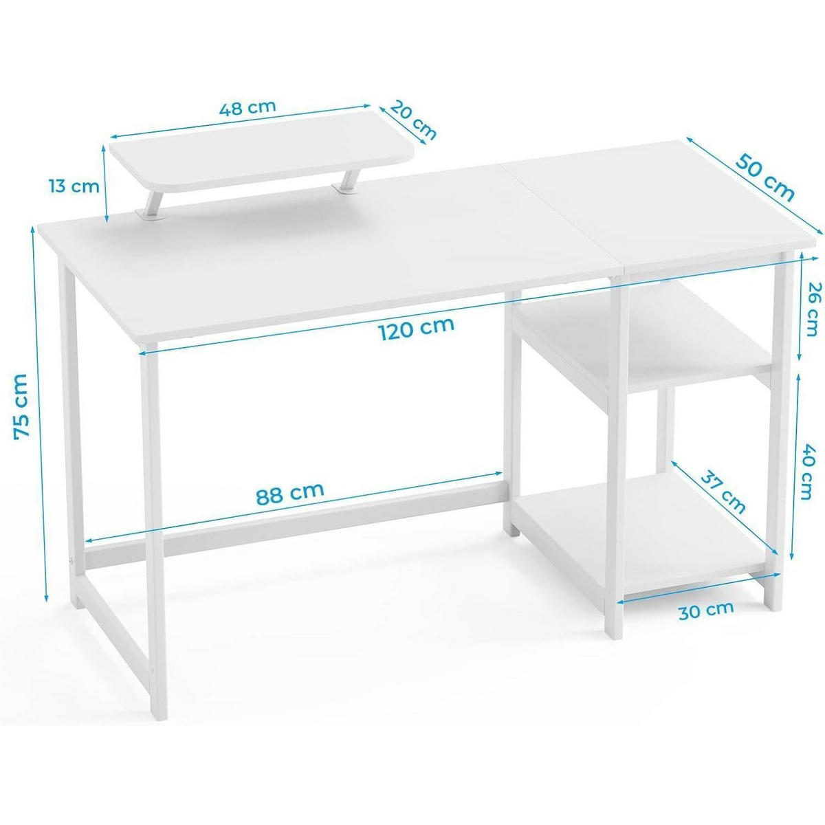 SCHREIBTISCH mit Stauraum und Monitorständer 120 x 50 cm Reinweiß - Weiß, Holzwerkstoff (50/120/75cm)