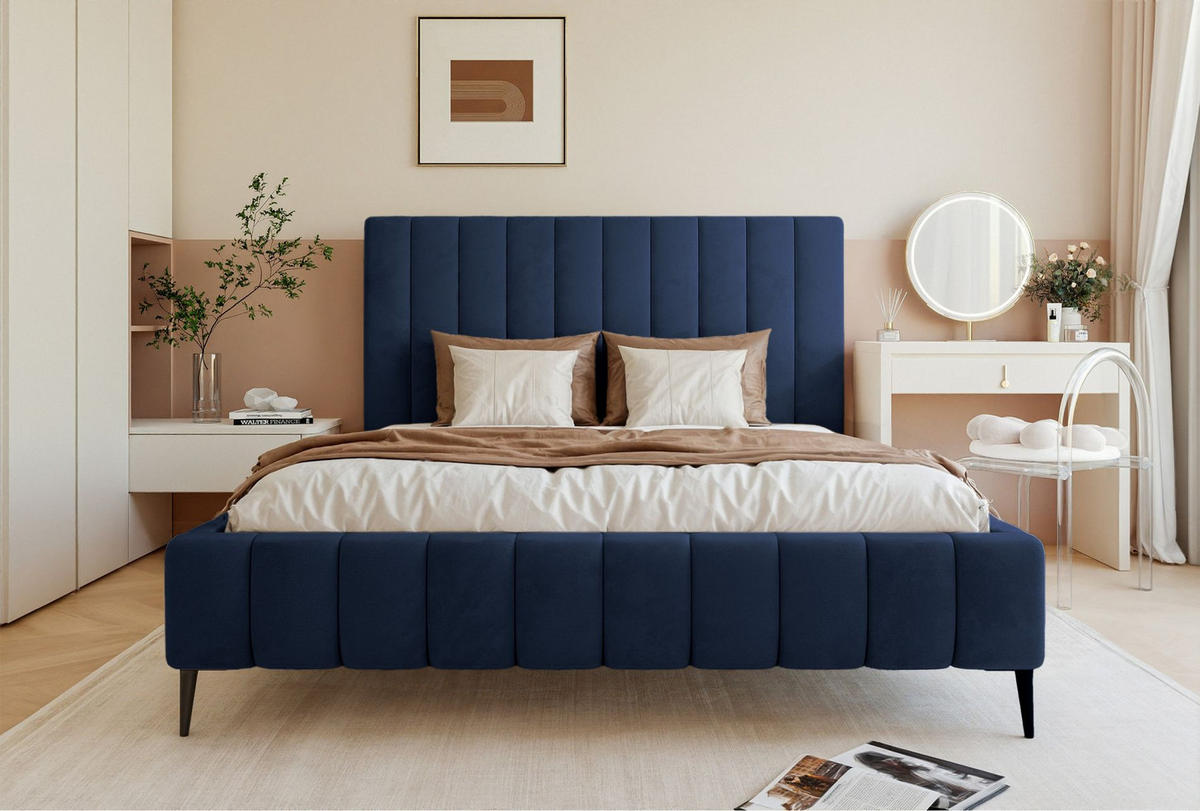 POLSTERBETT Fiarro mit Metallfüßen, Marineblau, Velours, 180x200 cm - Dunkelblau, Textil/Metall (180/200cm) - Selsey