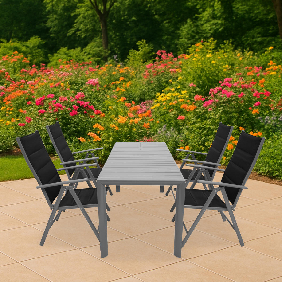 GARTEN-GARNITUR Ashford - 5-teilige Garten-Essgruppe (4x Klappsessel, Aluminium silbergrau + Textilgewebe gepolstert schwarz - Grau, Metall - TPFGarden