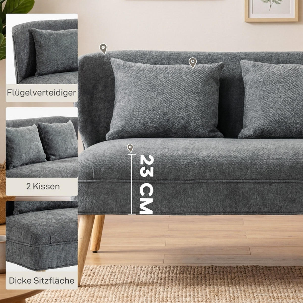 2-SITZER-SOFA aus Kautschukholz 117x65x78,5 cm in Grau mit Chenille-Bezug - Grau, Textil (65/78.5/117cm) - Modfu