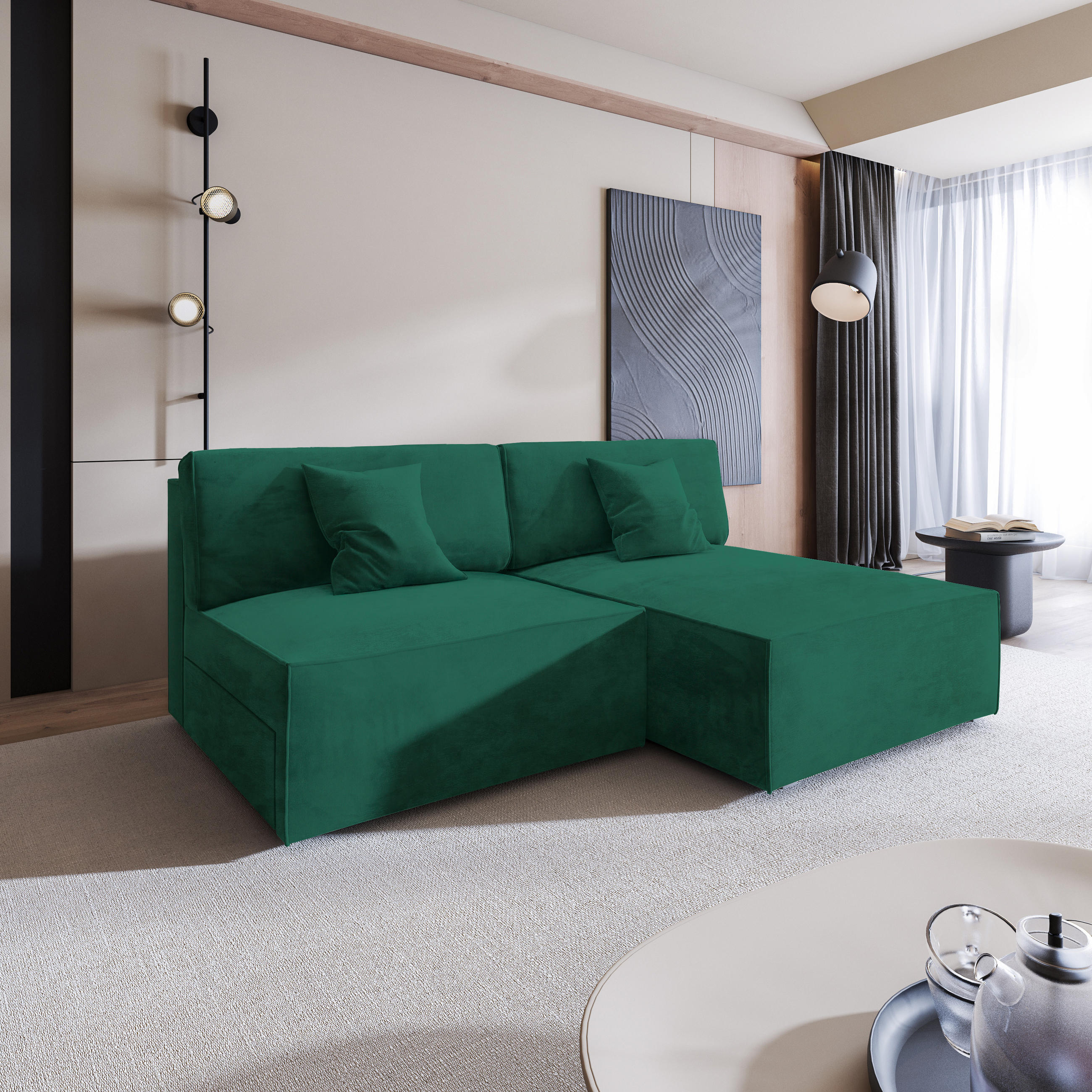 ECKSOFA FIORO M Grün Velours-Stoff mit Schlaffunktion - Grün, Holz (204/148cm) - MASSENO
