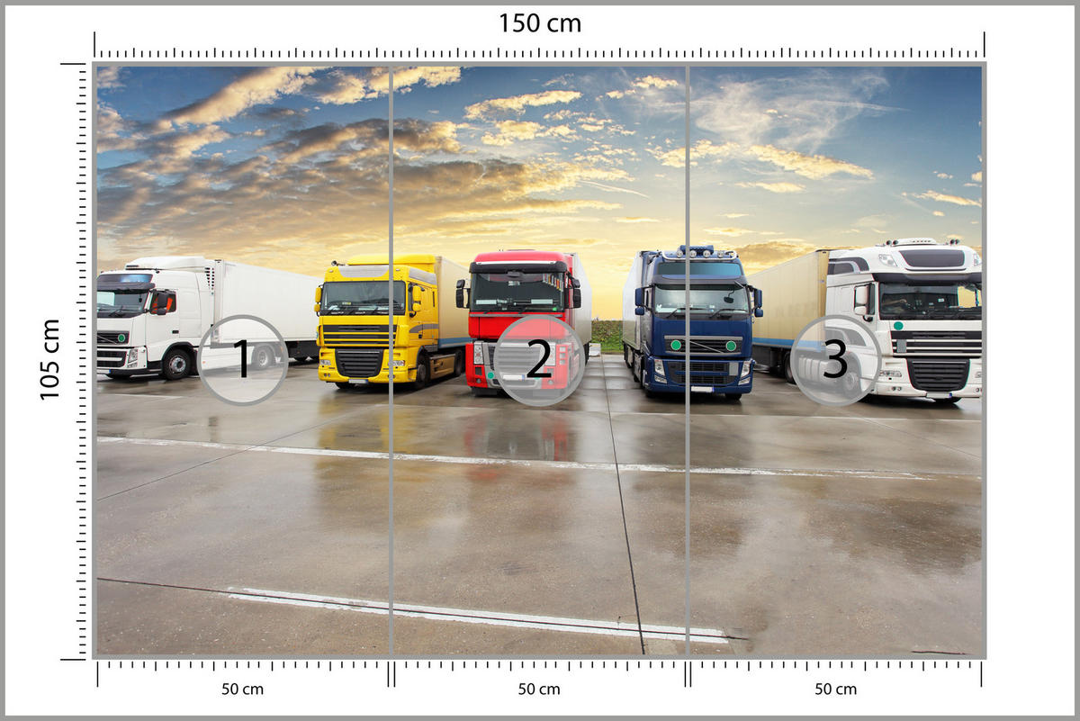 FOTOTAPETE für Wohnzimmer Lastwagen Parken Sonnenuntergang 150x105 - Gelb/Rot, Papier (150/105cm) - Muralo