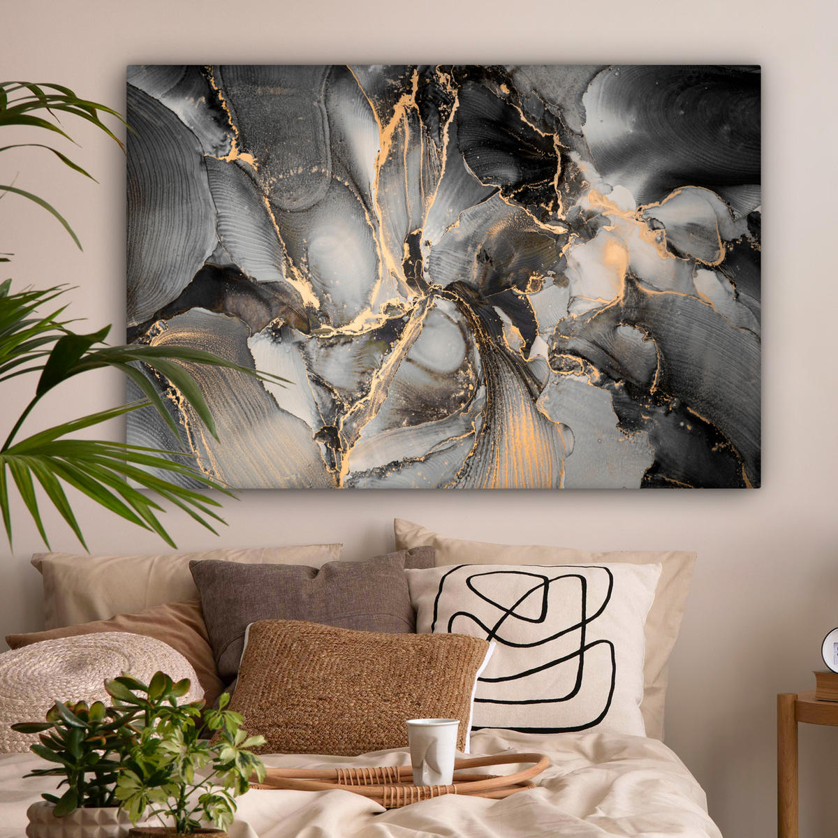 LEINWANDBILD Grau - Luxus - Gold - Marmor Groß 140x90 cm - Dunkelgrau, Textil (140/90cm) - MuchoWow