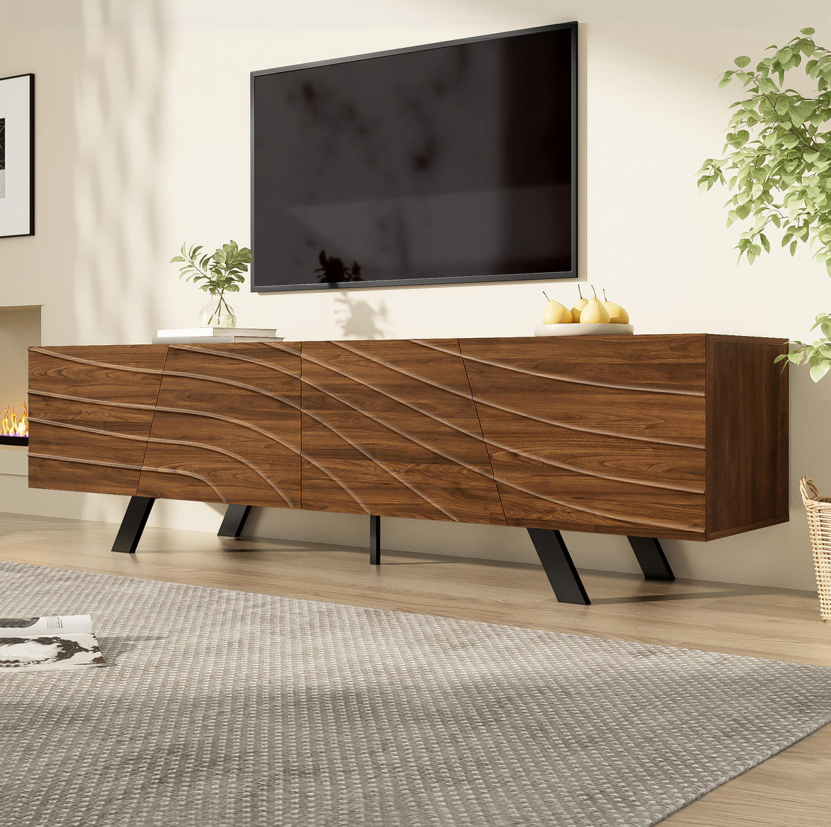 LOWBOARD 160/39/50.5 cm Walnussfarbe aus MDF mit Wellenfront und Kabelmanagement - Walnussfarben, Holzwerkstoff (39/50.5/160cm) - OKMYHOME