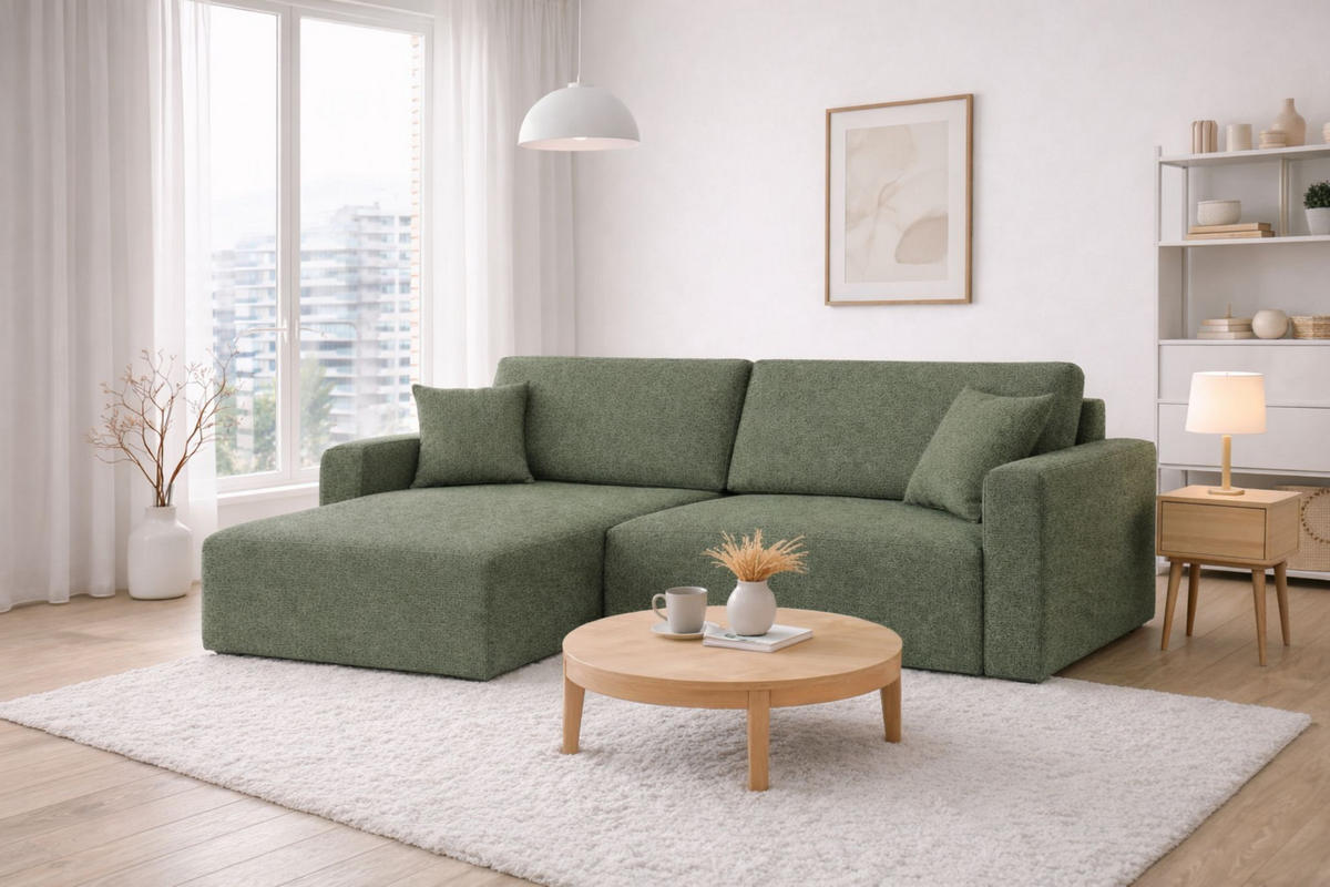 ECKSOFA Mit Schlaffunktion, Ariel XL, Chenille-Stoff, Stoff Artico, Moss, Links - Hellgrün, Holz (280/142cm) - Kaiser Möbel