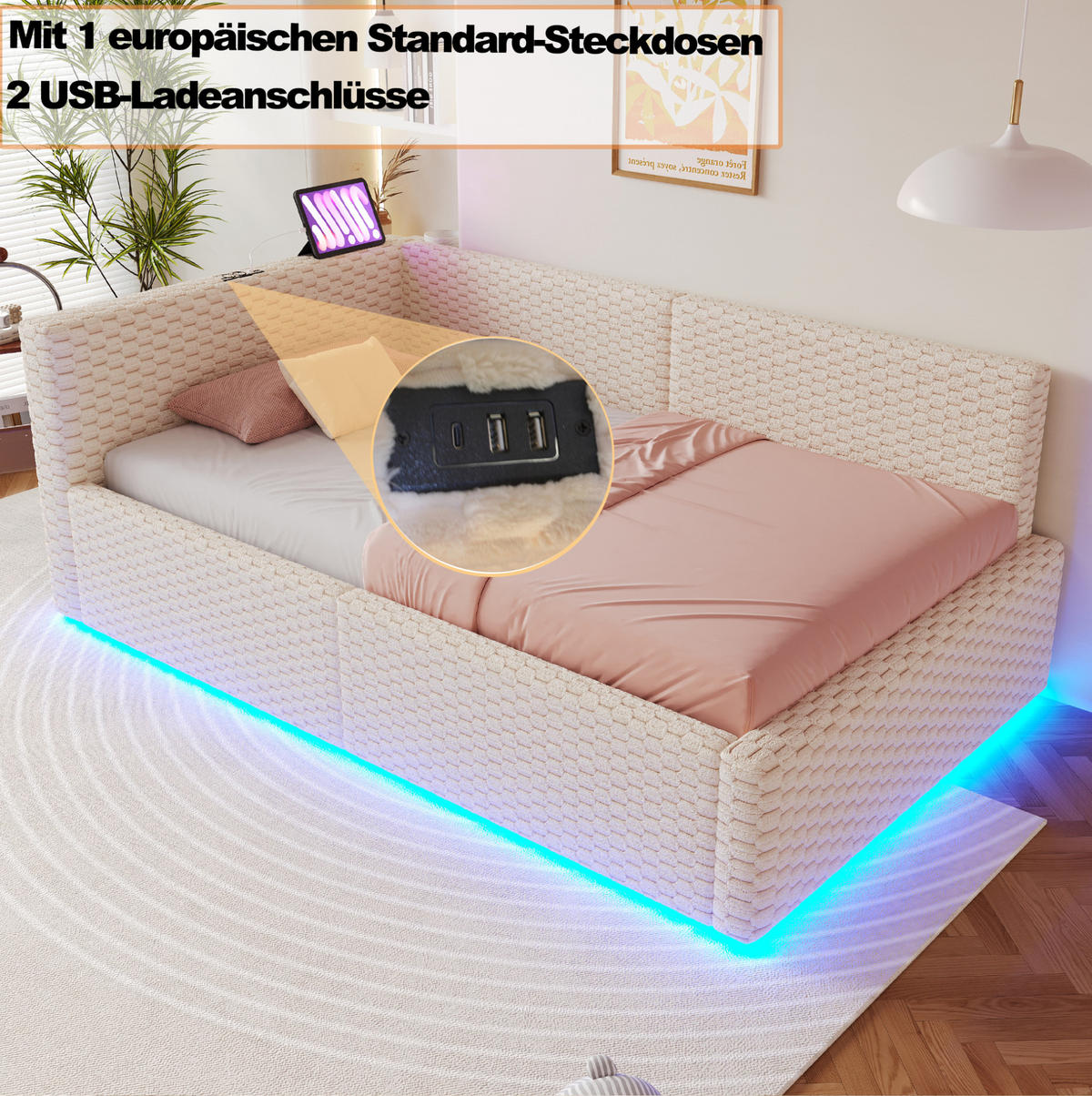 POLSTERBETT 90/200 cm aus Samt mit LED, USB-/Typ-C-Anschluss und hydraulischem Bettkasten, Beige - Beige, Holzwerkstoff (90/200cm) - Redom