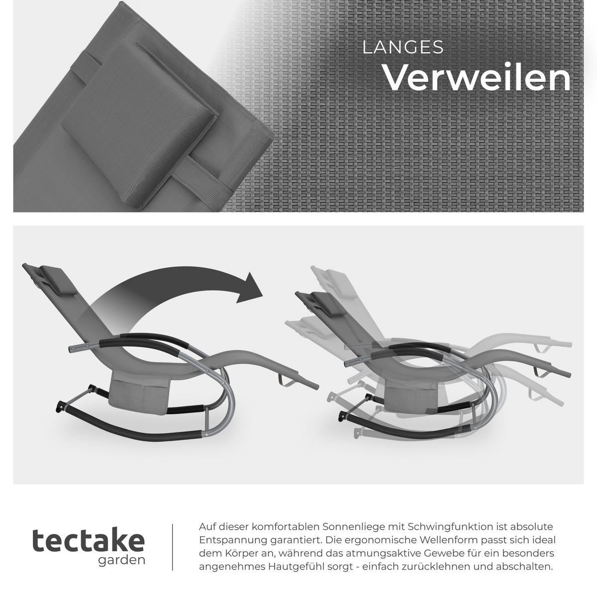 GARTENLIEGE Taya,abnehmbares Kopfpolster, seitliche Aufbewahrungstasche,grau - Grau, Kunststoff (62/92/142cm) - tectake