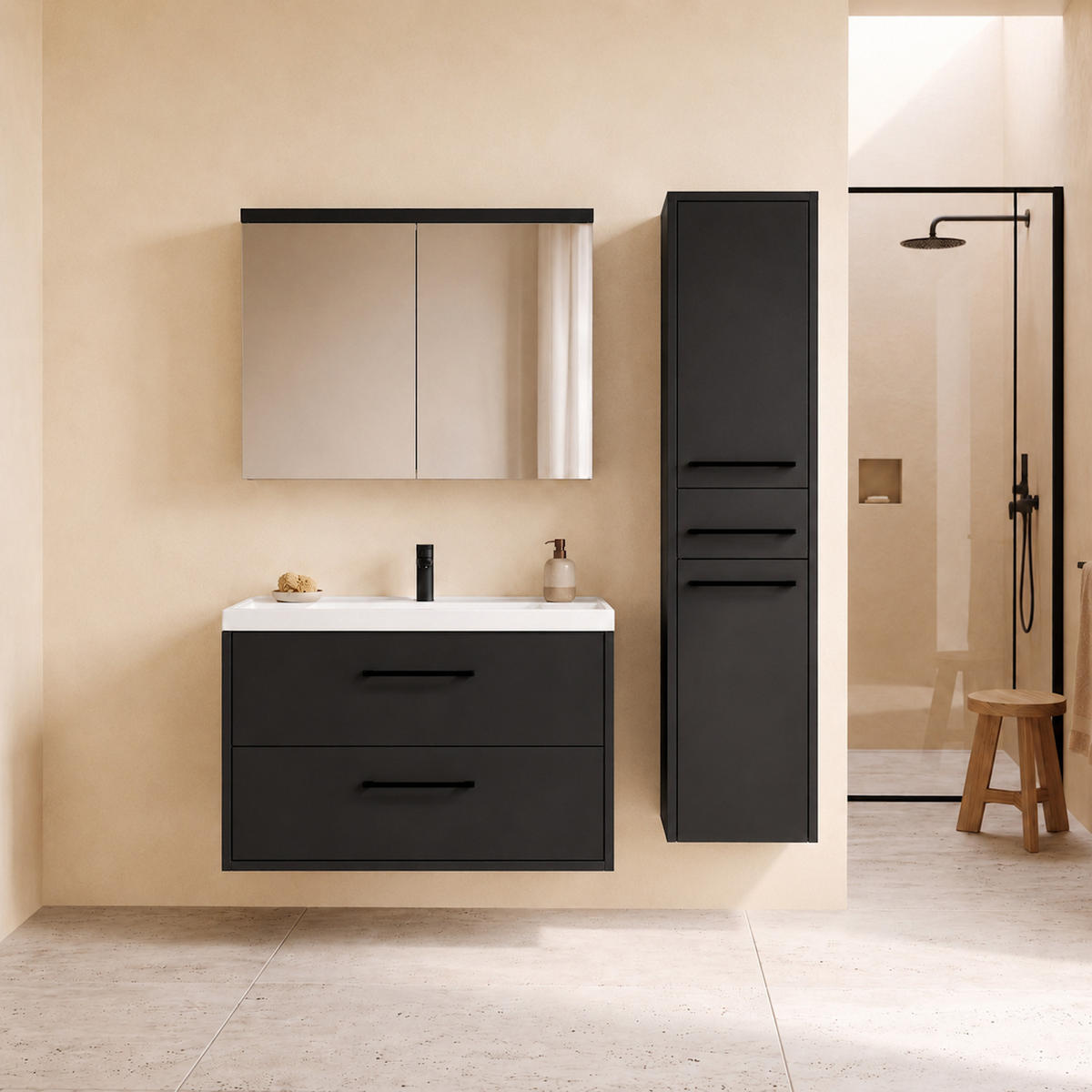 BADMÖBEL-SET Florence 3 Teile Matt Schwarz - 80 x 40 x 51 cm - Schwarz, Holz (80/51/40cm) - Badplaats