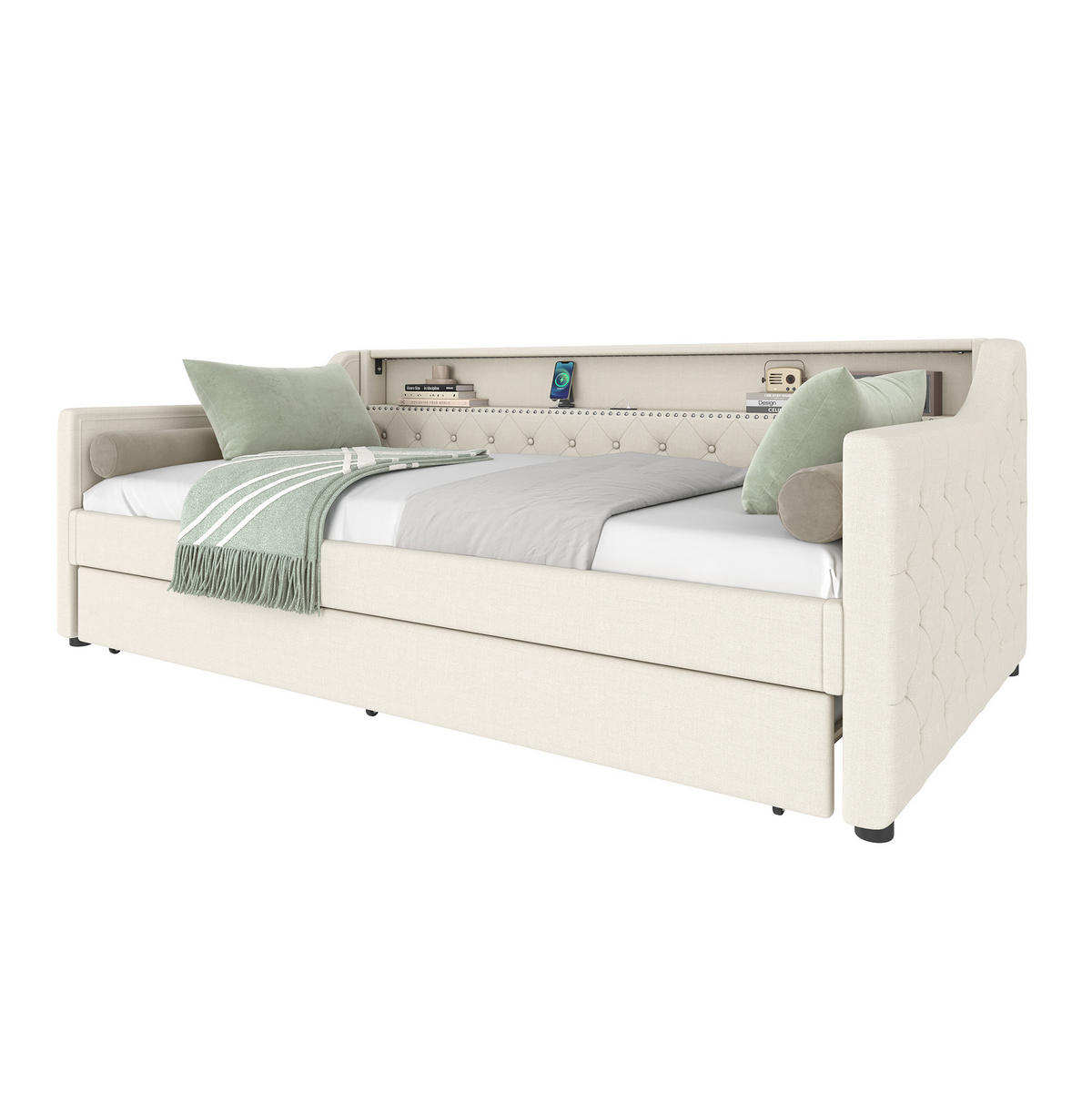 POLSTERBETT 90/200 cm in Beige mit LED-Beleuchtung und USB-Anschlüssen - Beige, Textil (90/200cm) - Flora Grace