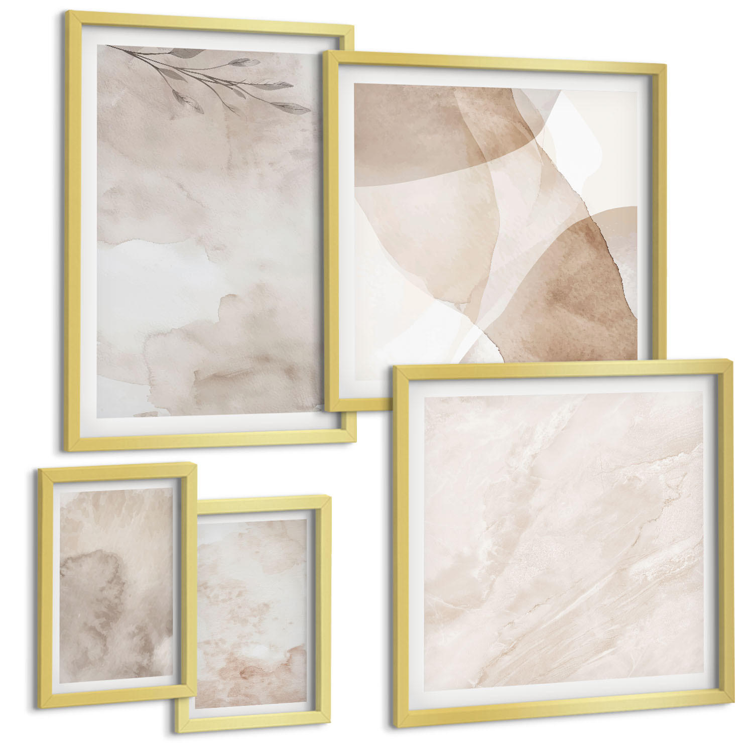 BILDER SET 5er Set - 50x50 cm & 20x30 cm & 40x60 cm Goldrahmen - Aquarellfarben, Boho-Texturen - Goldfarben, Kunststoff (40/60cm) - TULUP