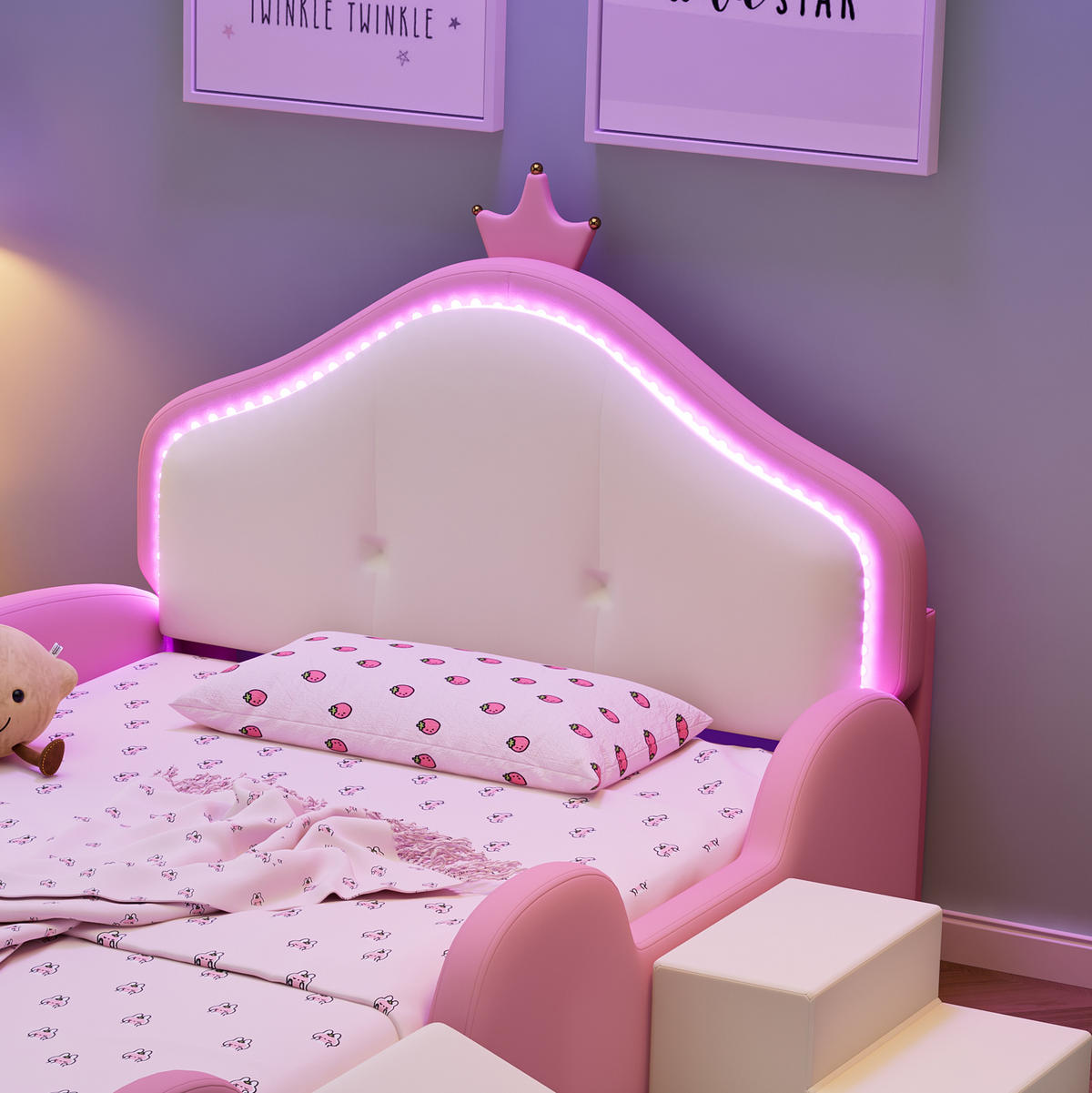 KINDERBETT 90/200 cm mit Rutsche, Treppe und LED – Polsterbett in Rosa/Beige - Rosa, Kunststoff (90/200cm) - BEAOK