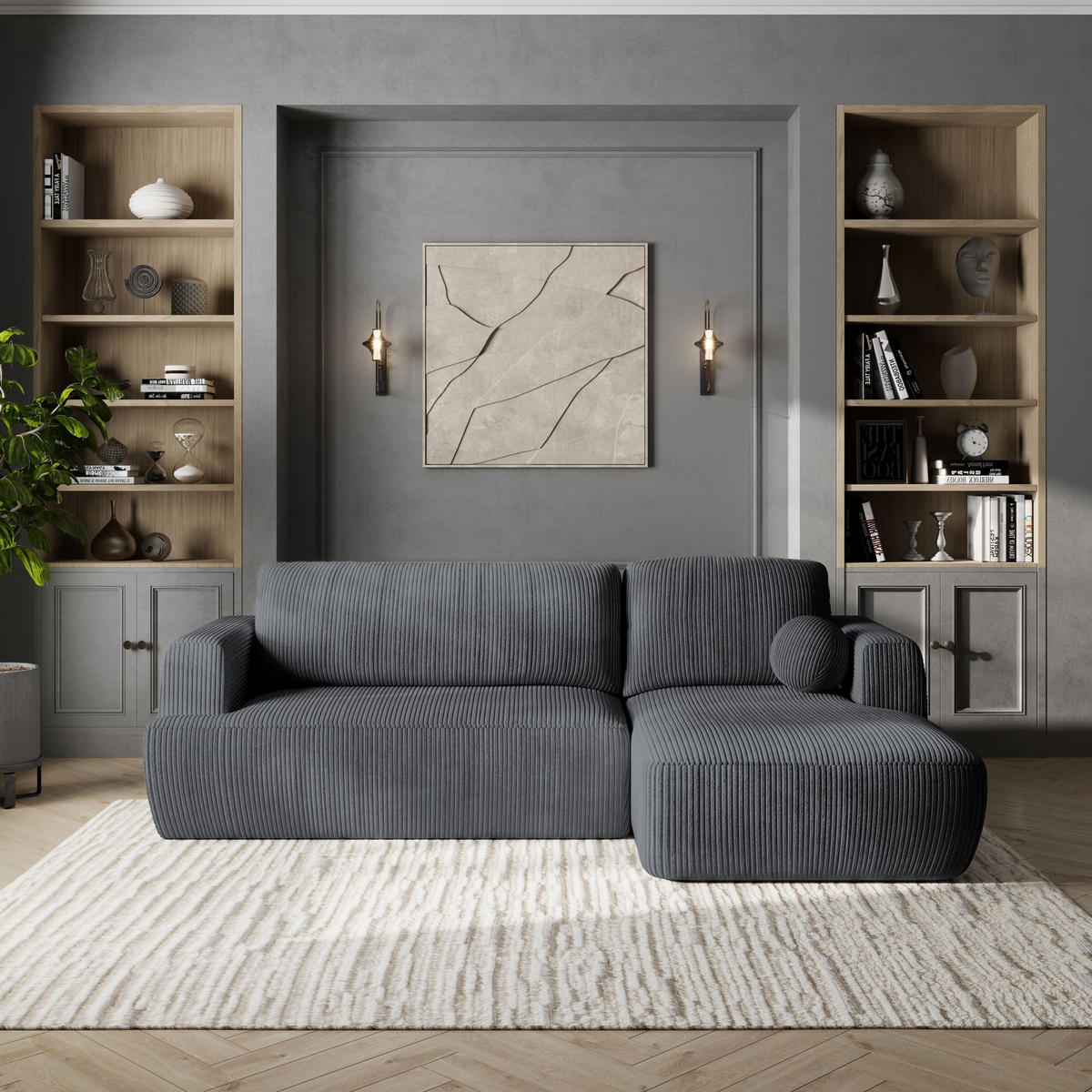 ECKSOFA SENTI P R-S Grau Kordstoff mit Schlaffunktion - Schwarz/Grau, Holz/Kunststoff (246/148cm) - MASSENO