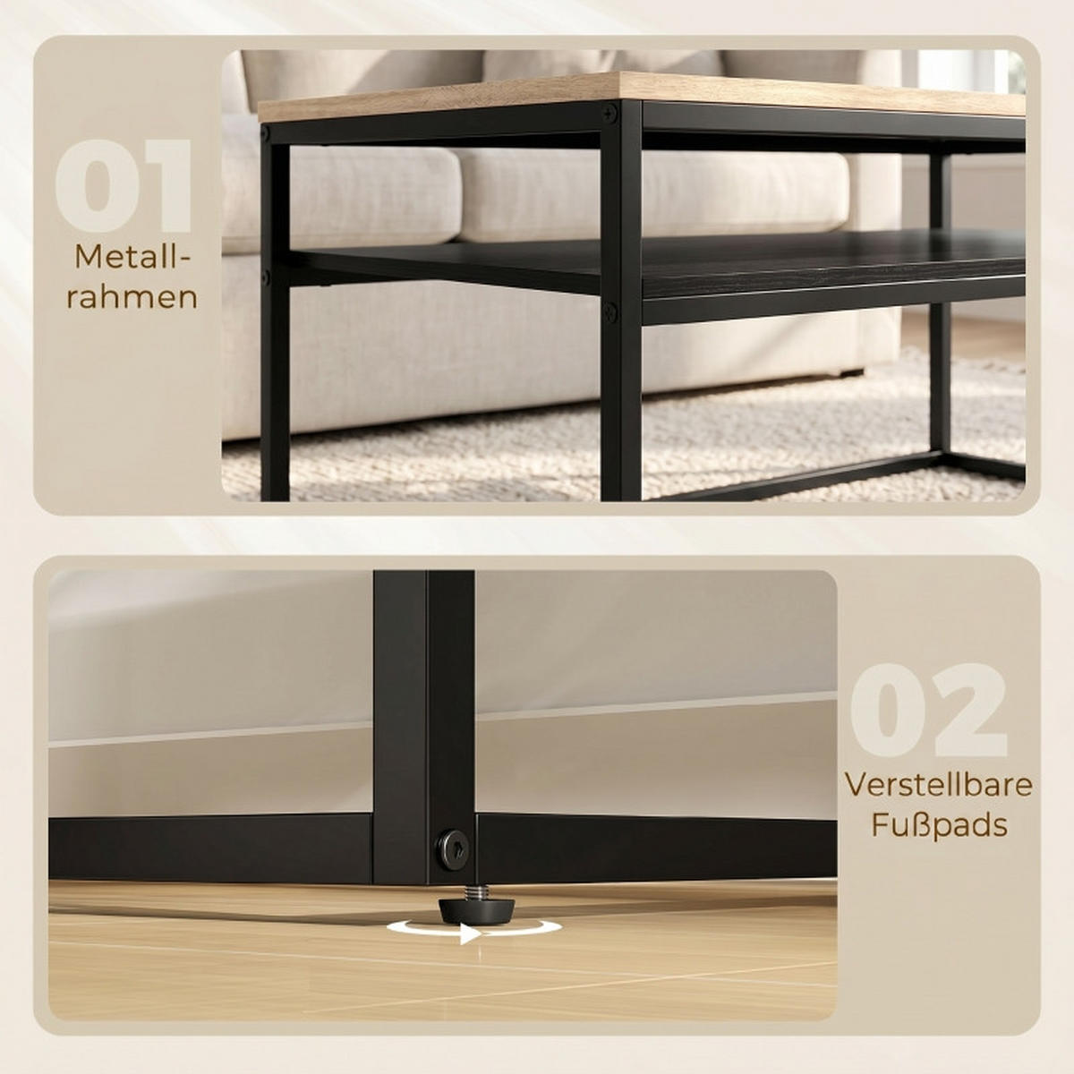 COUCHTISCH DE-37206 mit 2 Ebenen und Zweifarbdesign Eiche/Schwarz - Eichefarben, Holzwerkstoff (100/59.8/47cm) - ComfortXL